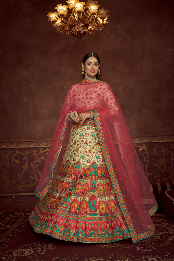 Women's Beige Art Silk Print With Embroidery Lehenga Set