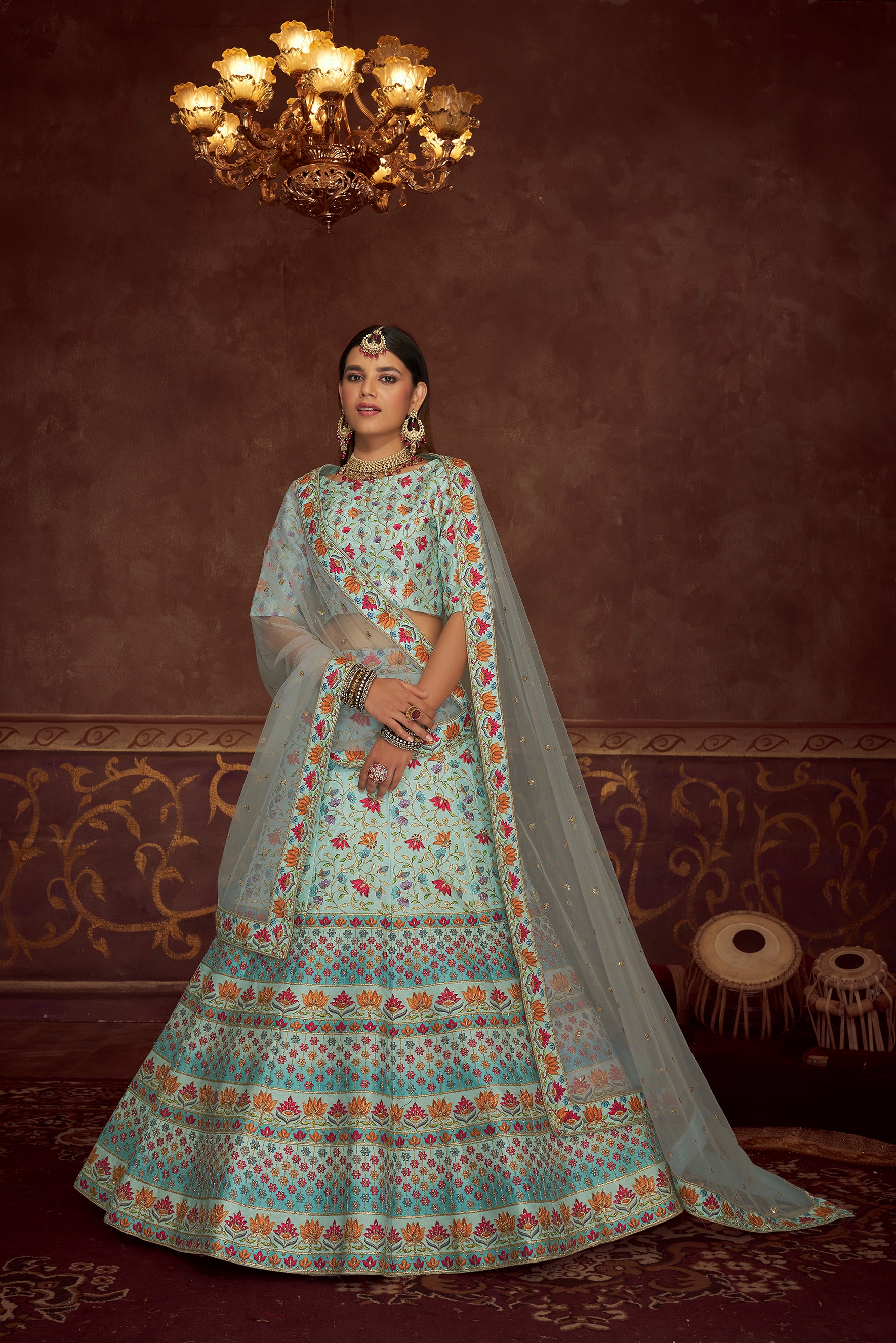 Women's Sky Blue Art Silk Embroidery With Print And Diamond Lehenga Set - Shubhkala