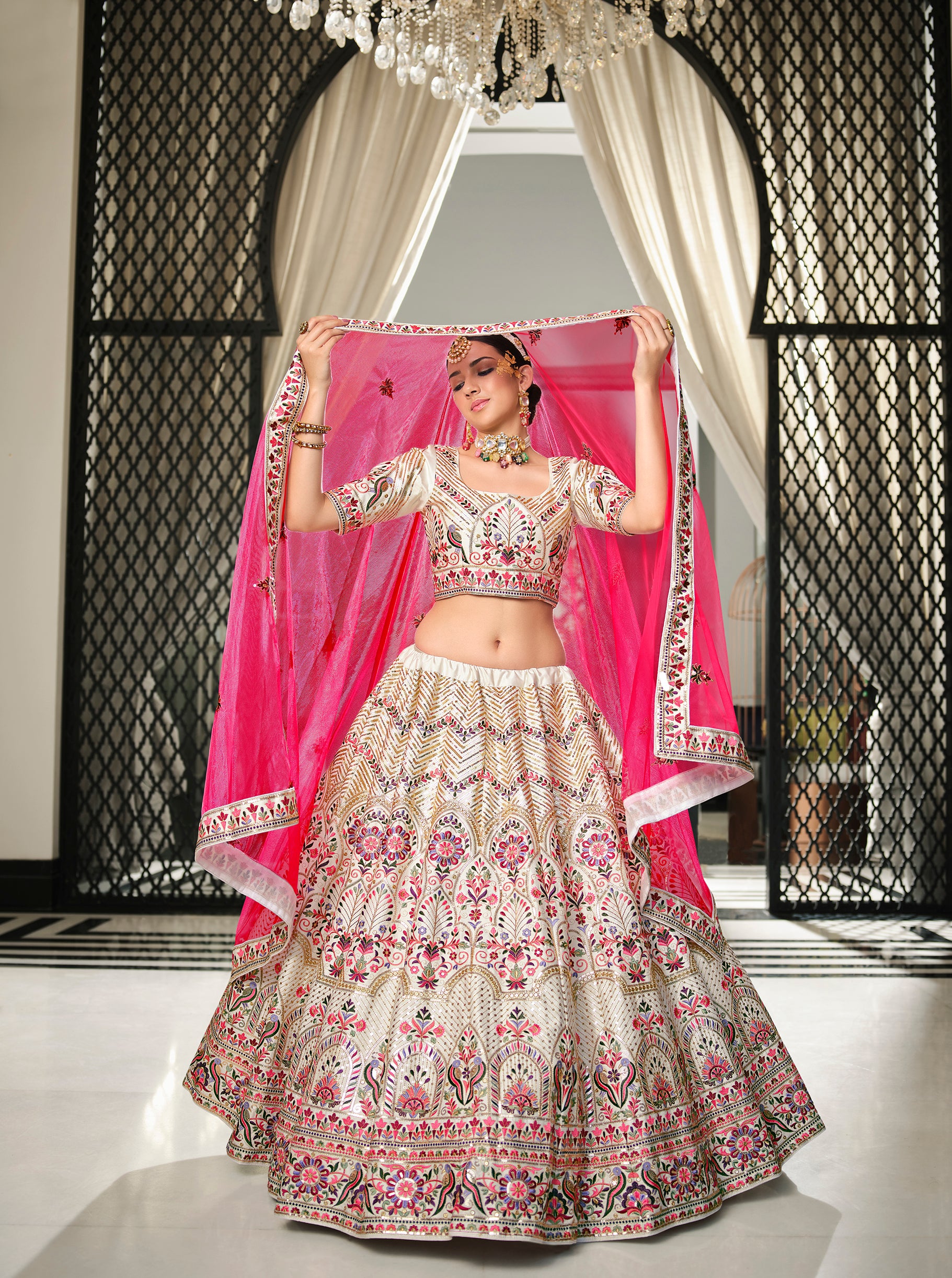 Women's White Silk Thread Embroidered Lehenga Set - Shubhkala