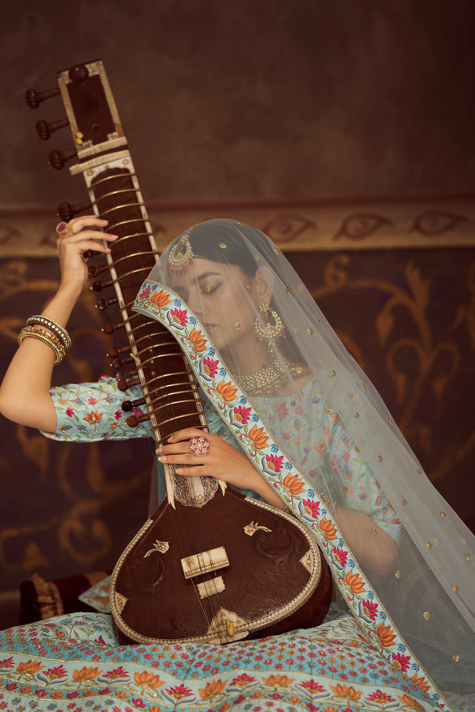 Women's Sky Blue Art Silk Embroidery With Print And Diamond Lehenga Set