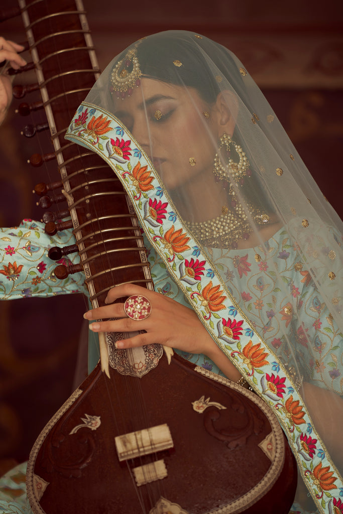 Women's Sky Blue Art Silk Embroidery With Print And Diamond Lehenga Set