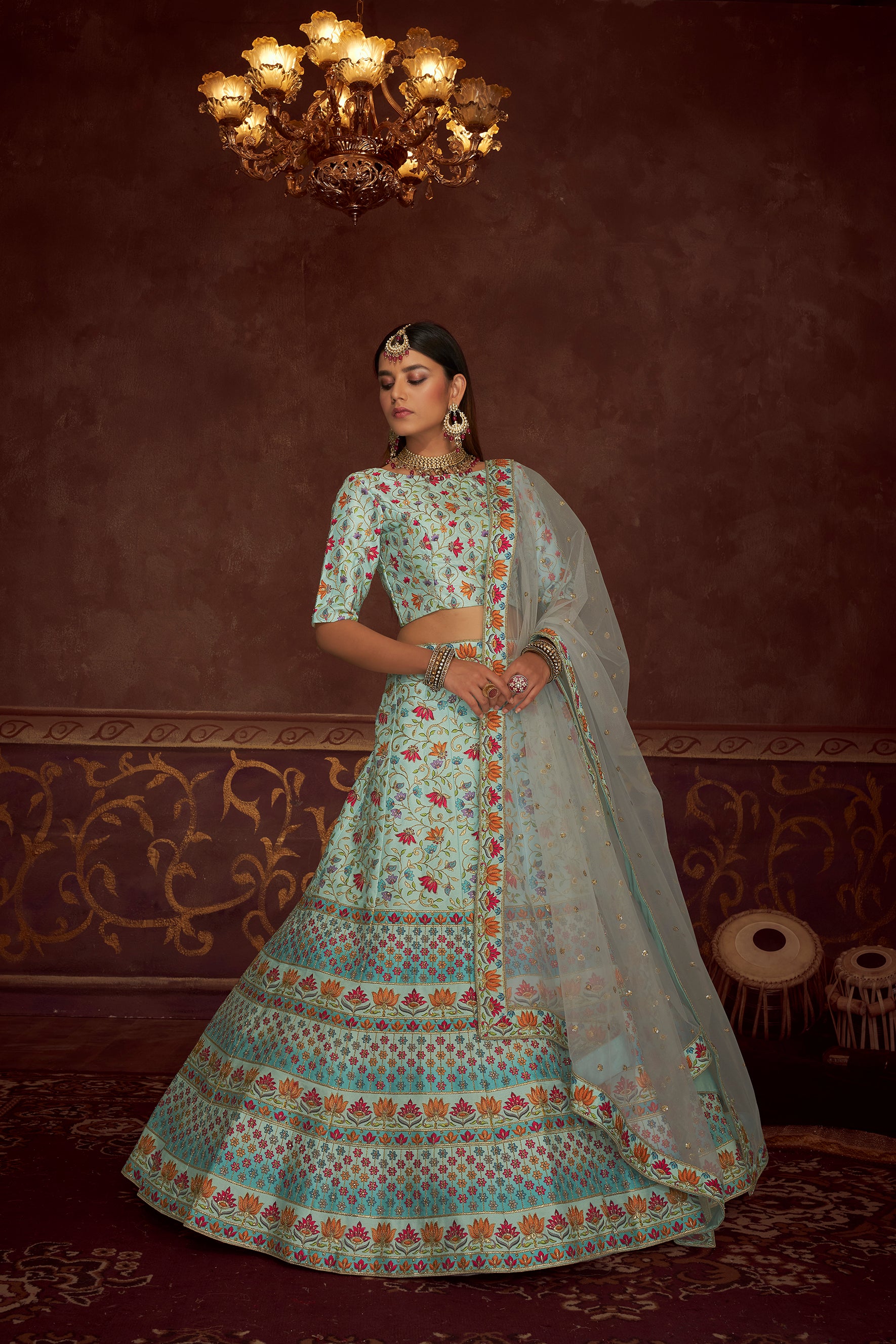 Women's Sky Blue Art Silk Embroidery With Print And Diamond Lehenga Set - Shubhkala