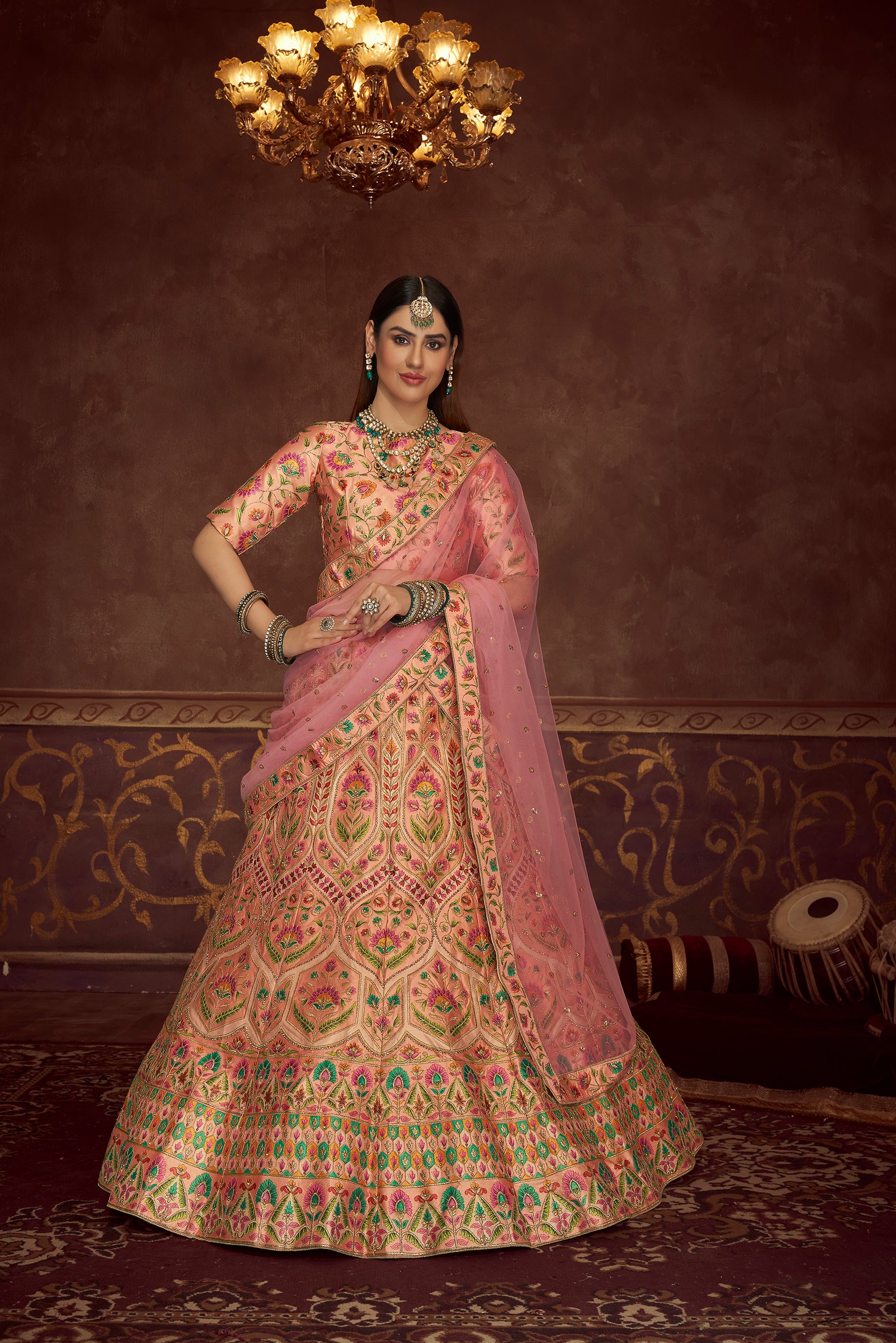 Women's Peach Art Silk Embroidery With Print And Diamond Lehenga Set - Shubhkala