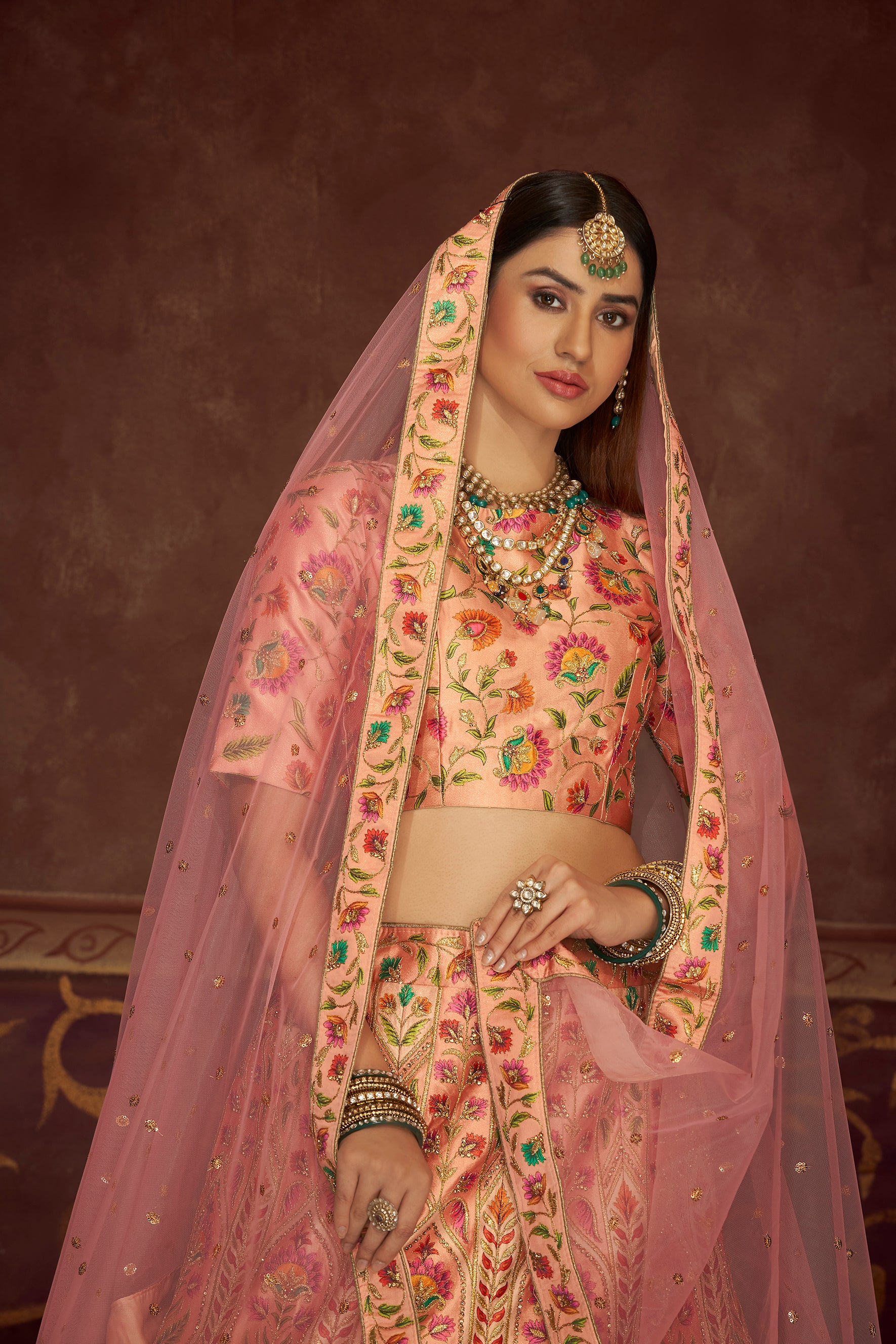 Women's Peach Art Silk Embroidery With Print And Diamond Lehenga Set - Shubhkala