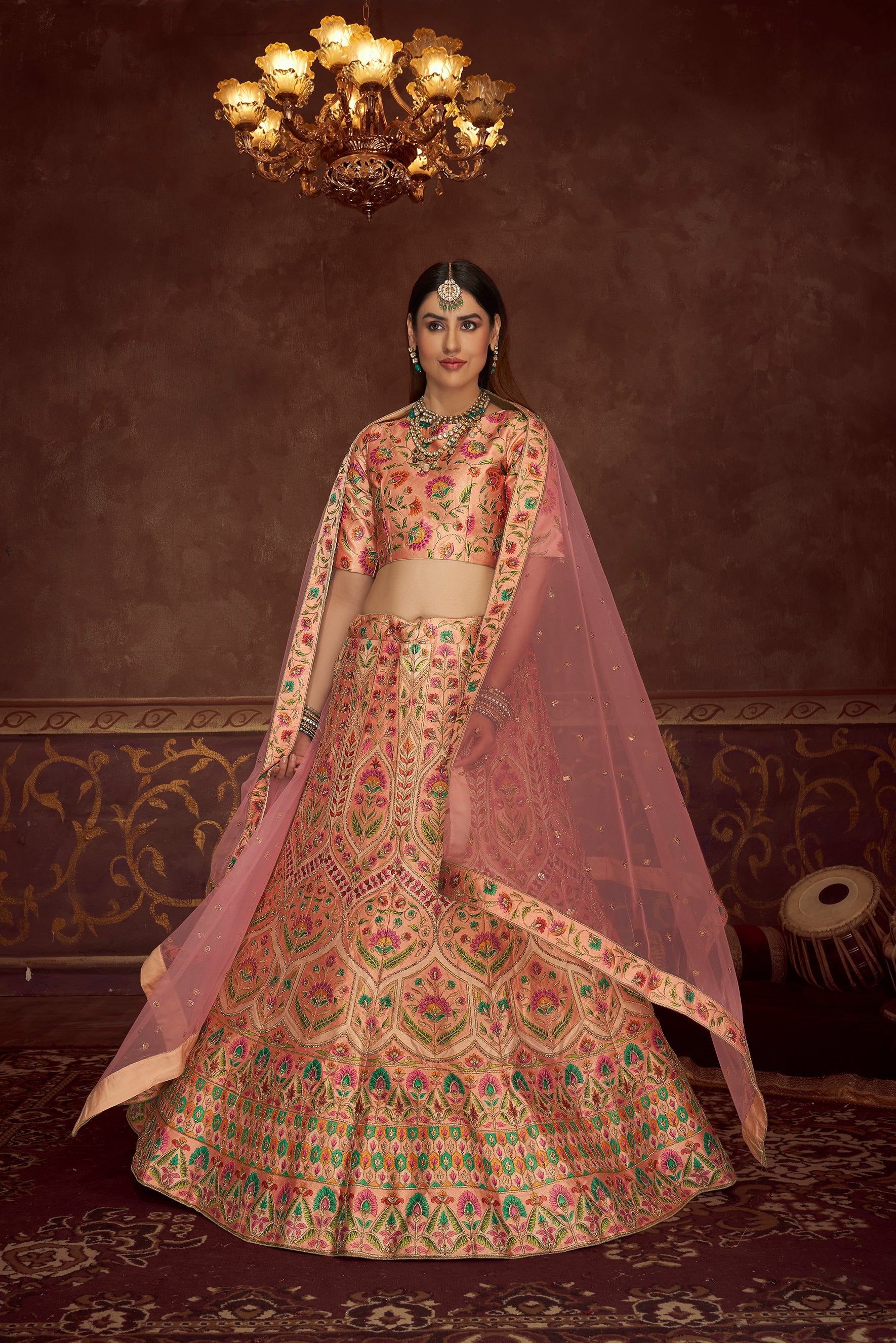 Women's Peach Art Silk Embroidery With Print And Diamond Lehenga Set - Shubhkala