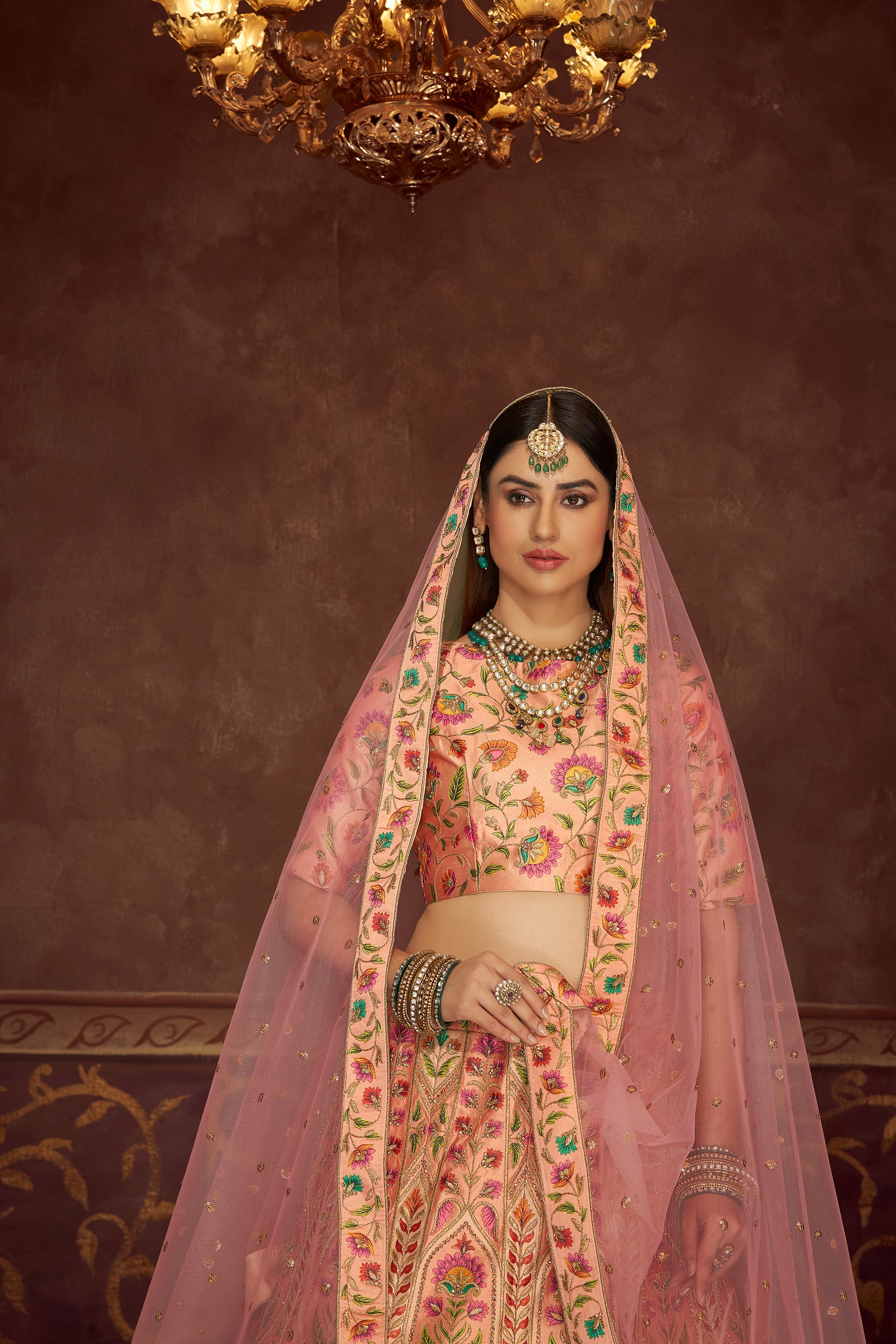 Women's Peach Art Silk Embroidery With Print And Diamond Lehenga Set - Shubhkala