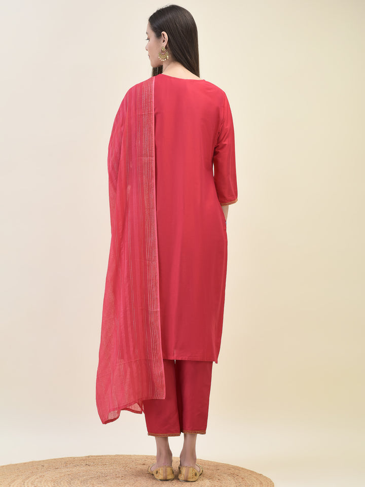 Women's Silk Blend Red Embroidered Kurta Trouser Dupatta