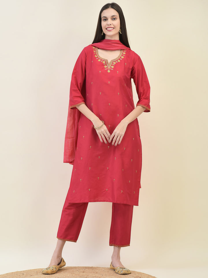 Women's Silk Blend Red Embroidered Kurta Trouser Dupatta