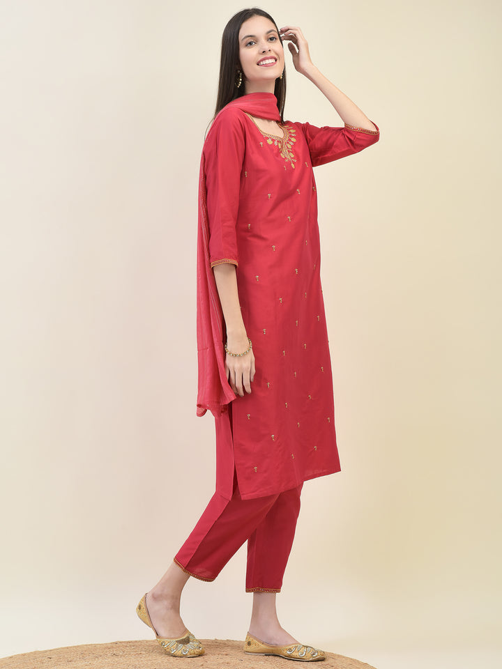 Women's Silk Blend Red Embroidered Kurta Trouser Dupatta