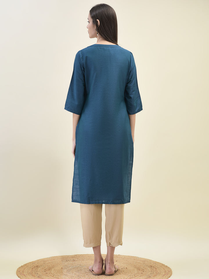 Women's Silk Blend Blue Solid Kurta
