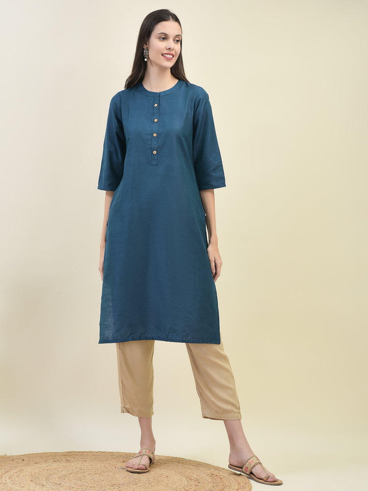 Women's Silk Blend Blue Solid Kurta