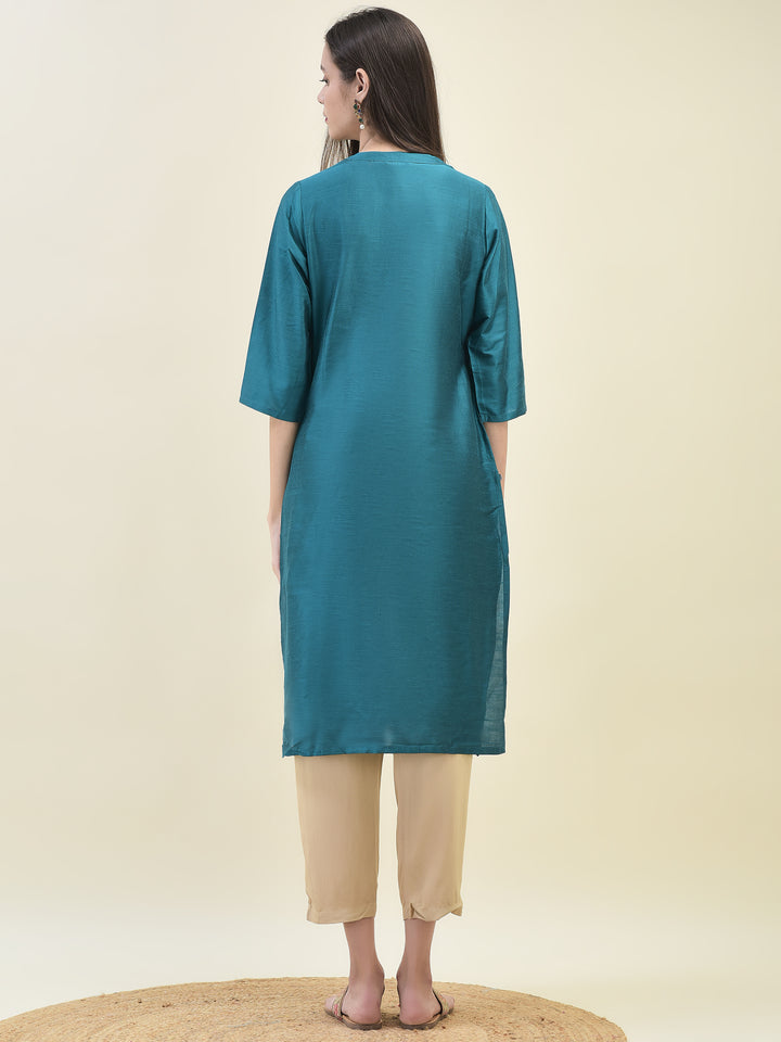 Women's Silk Blend Teal Solid Kurta