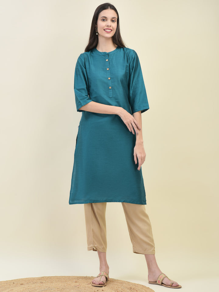 Women's Silk Blend Teal Solid Kurta