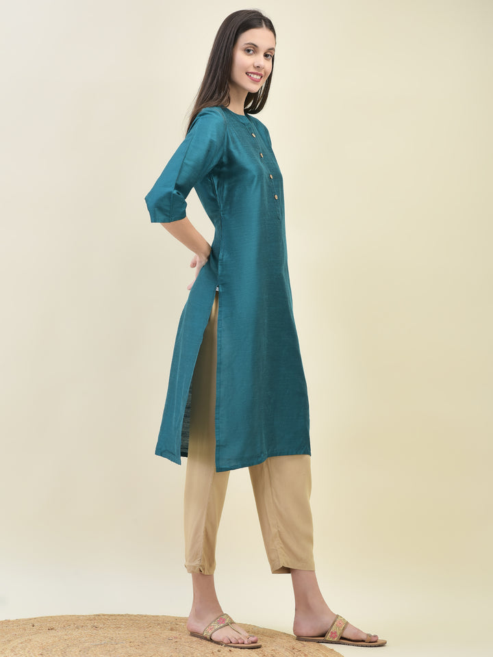 Women's Silk Blend Teal Solid Kurta
