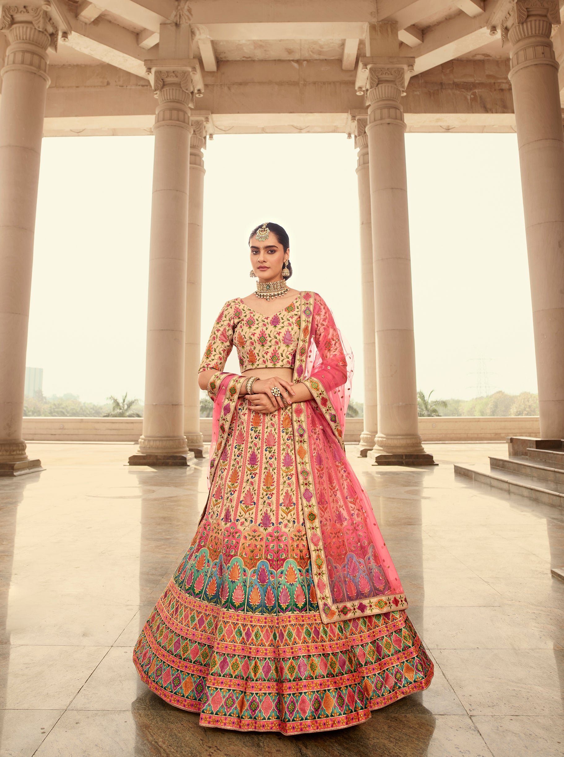 Women's Beige Art Silk Embroidery With Print And Swarovski Lehenga Set - Shubhkala