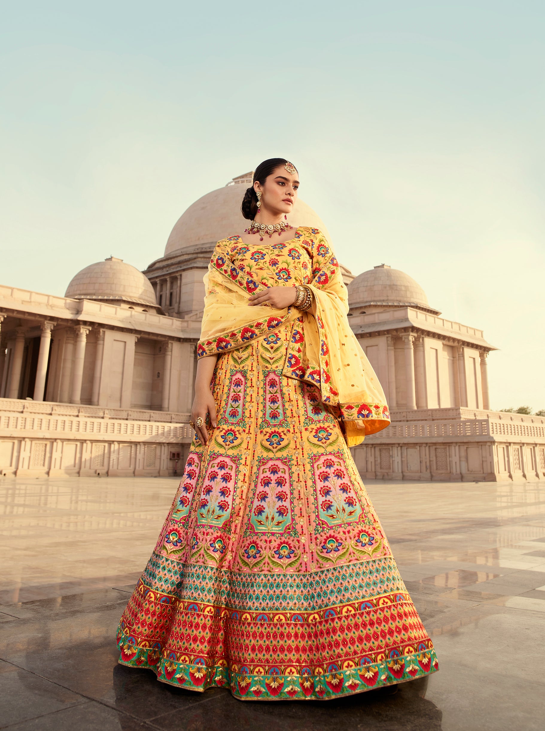 Women's Yellow Art Silk Embroidery With Print And Diamond Lehenga Set - Shubhkala