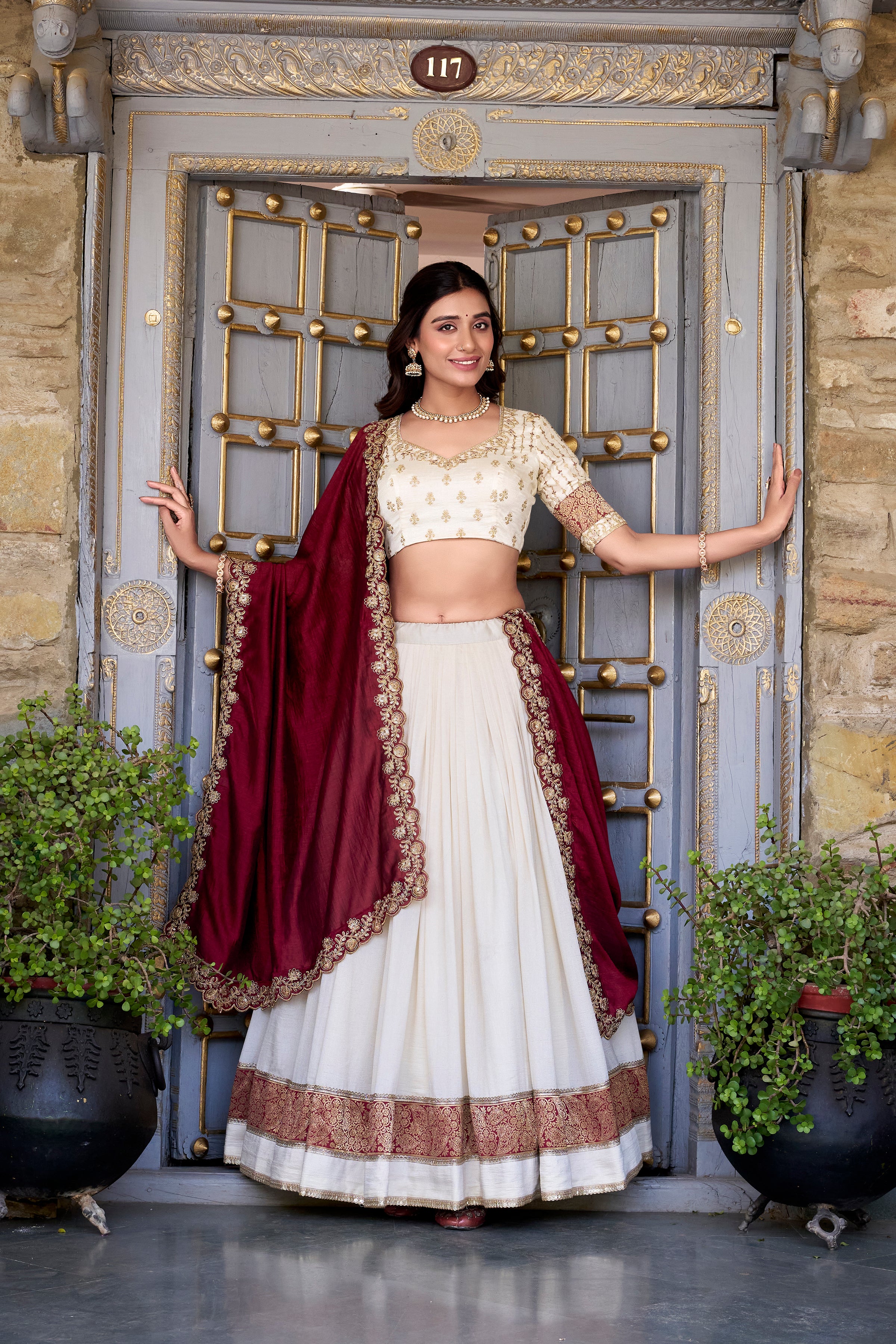 Women's White Color Vichitra Silk Zari Weaving Work Lace Border Belt With Sequins Lace Touch Up  Lehenga Choli