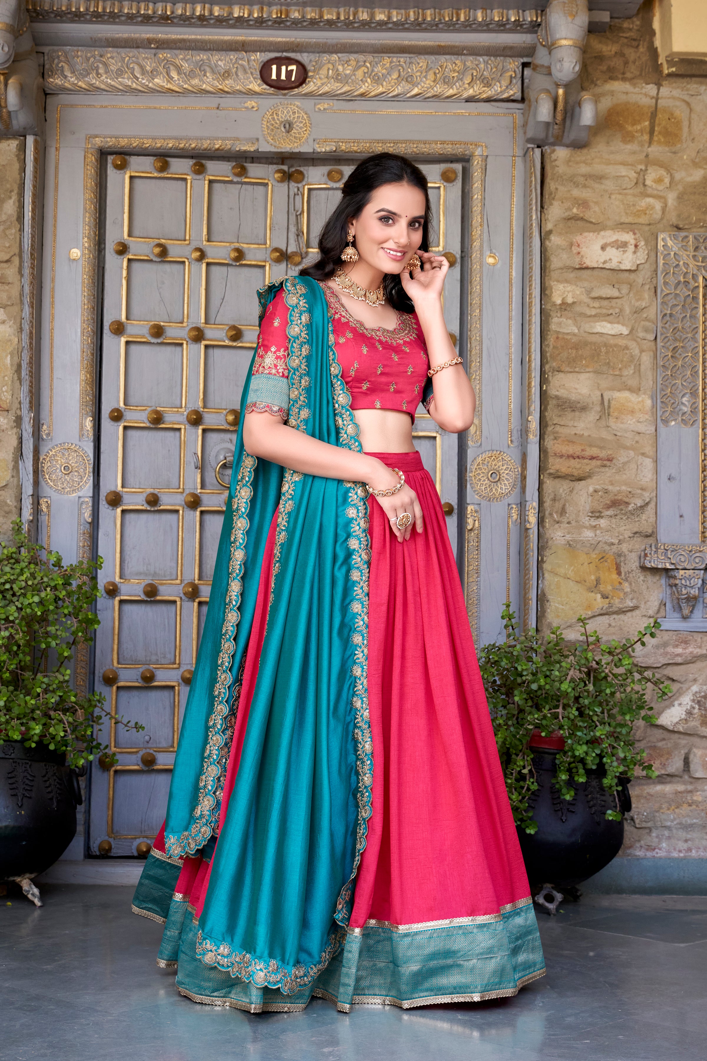 Women's Pink Color Vichitra Silk Zari Weaving Work Lace Border Belt With Sequins Lace Touch Up  Lehenga Choli