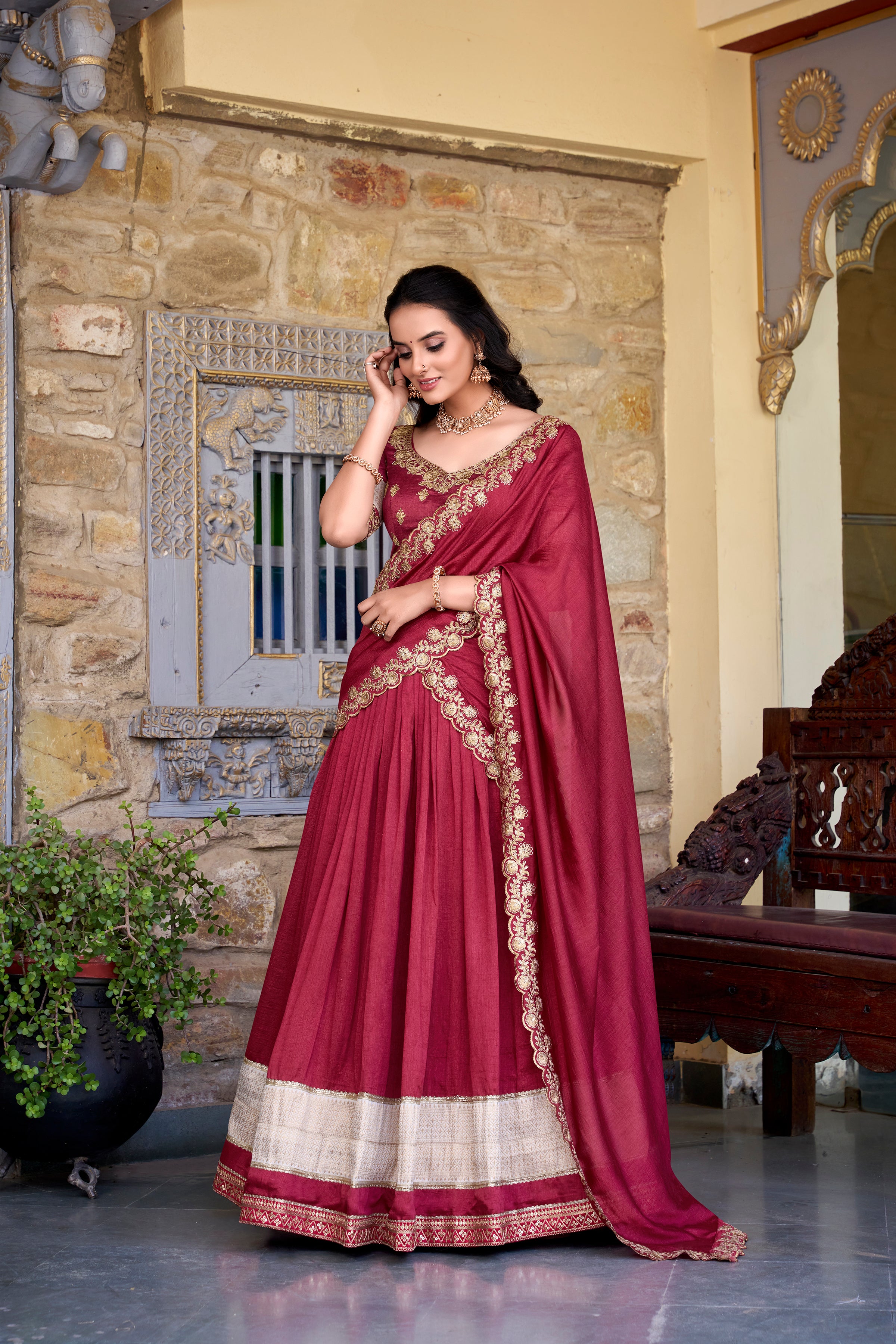 Women's Maroon Color Vichitra Silk Zari Weaving Work Lace Border Belt With Sequins Lace Touch Up  Lehenga Choli