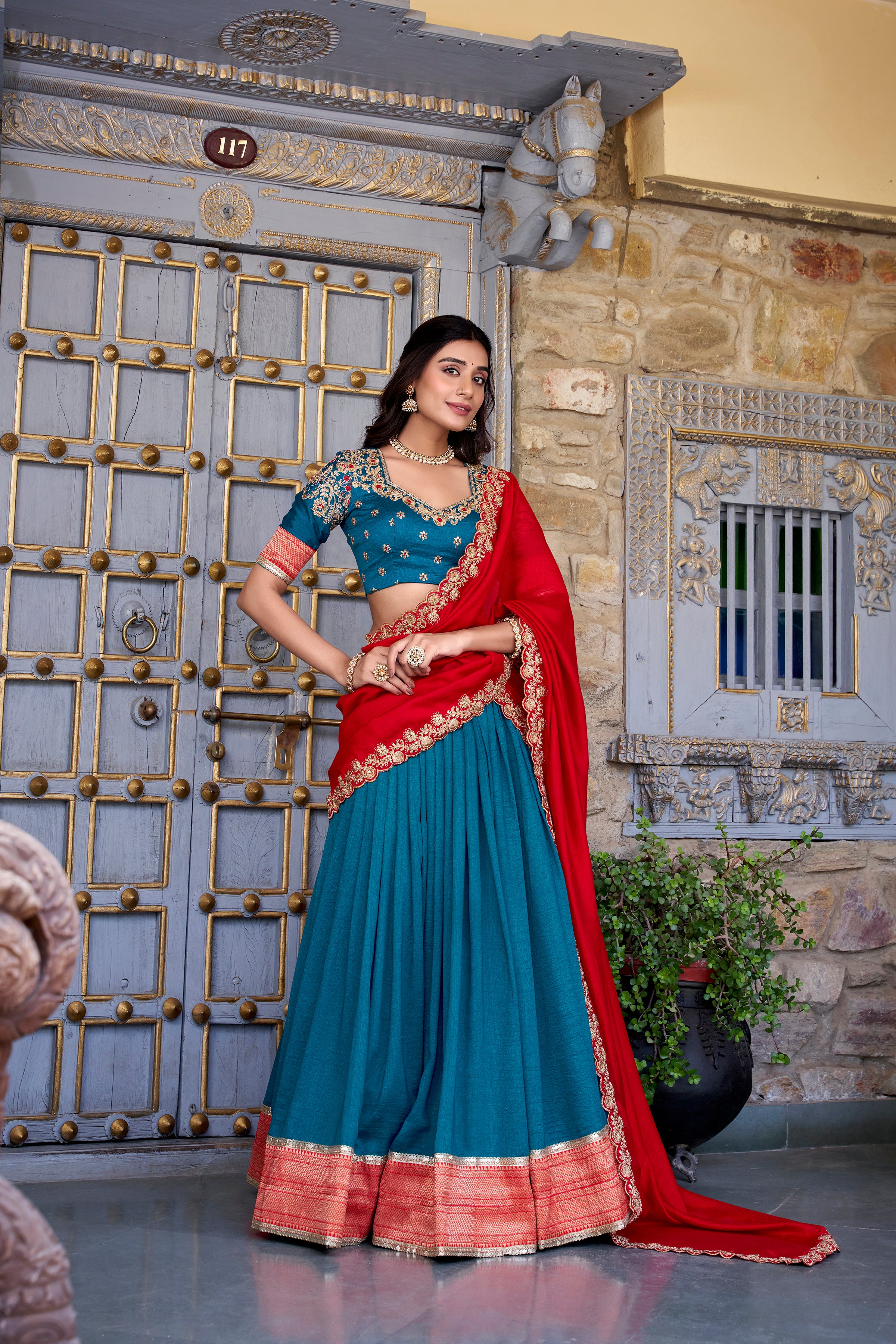 Women's Teal Color Vichitra Silk Zari Weaving Work Lace Border Belt With Sequins Lace Touch Up  Lehenga Choli