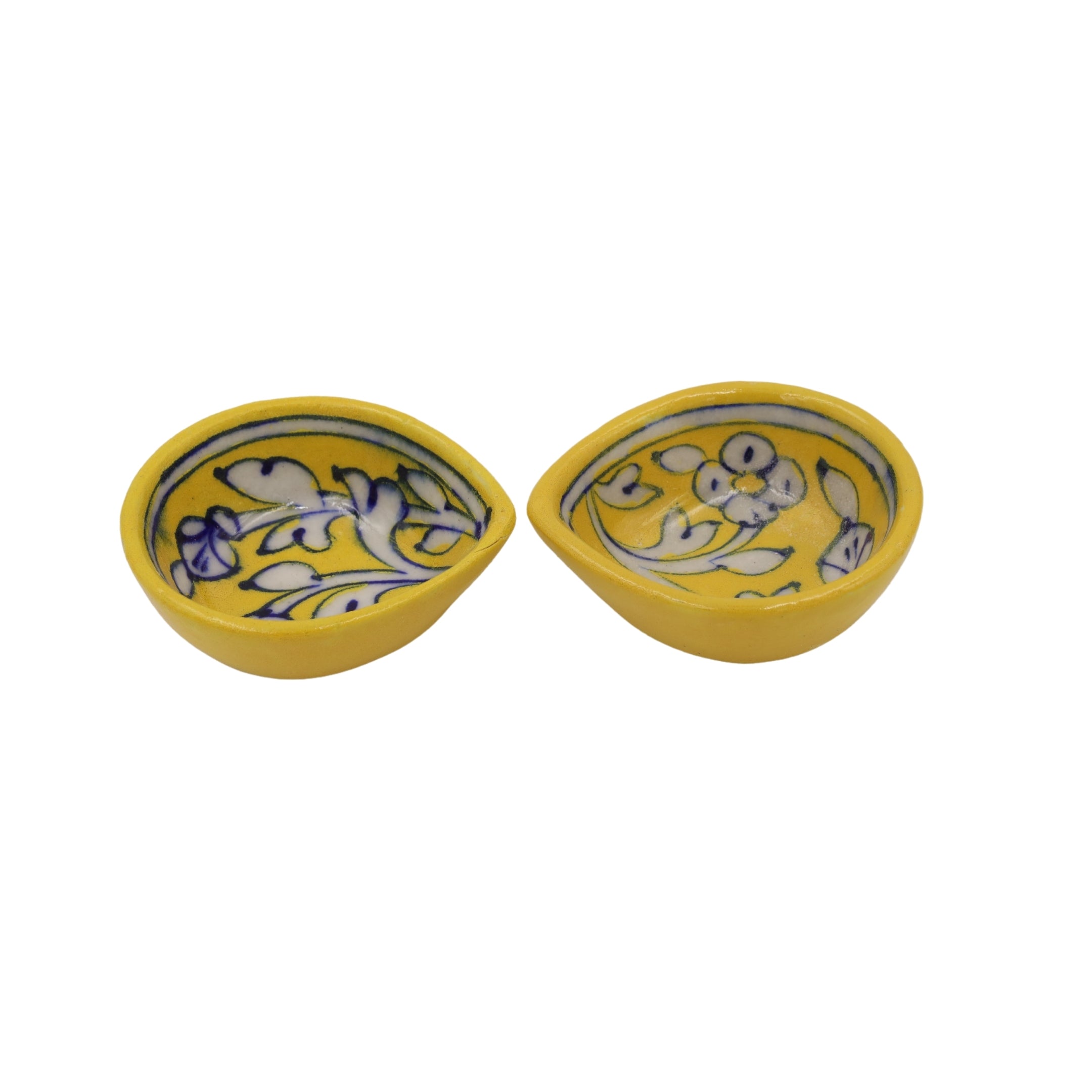 Set of 4 Blue Pottery Yellow and white Diyas - Natriel