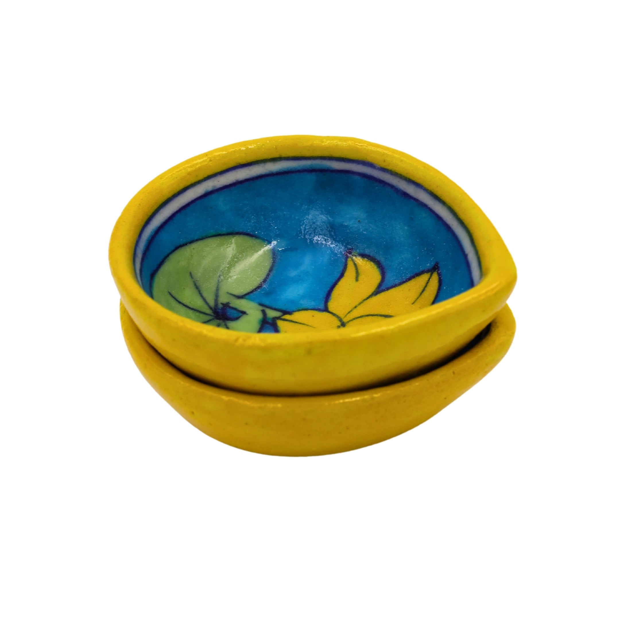 Set of 4 Blue Pottery Yellow and Sky Blue Diyas - Natriel