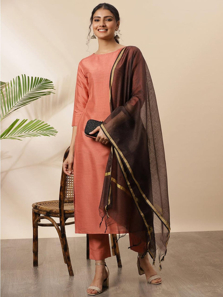 Women Orange 3/4 Sleeve Cotton A-Line Kurta main image 1