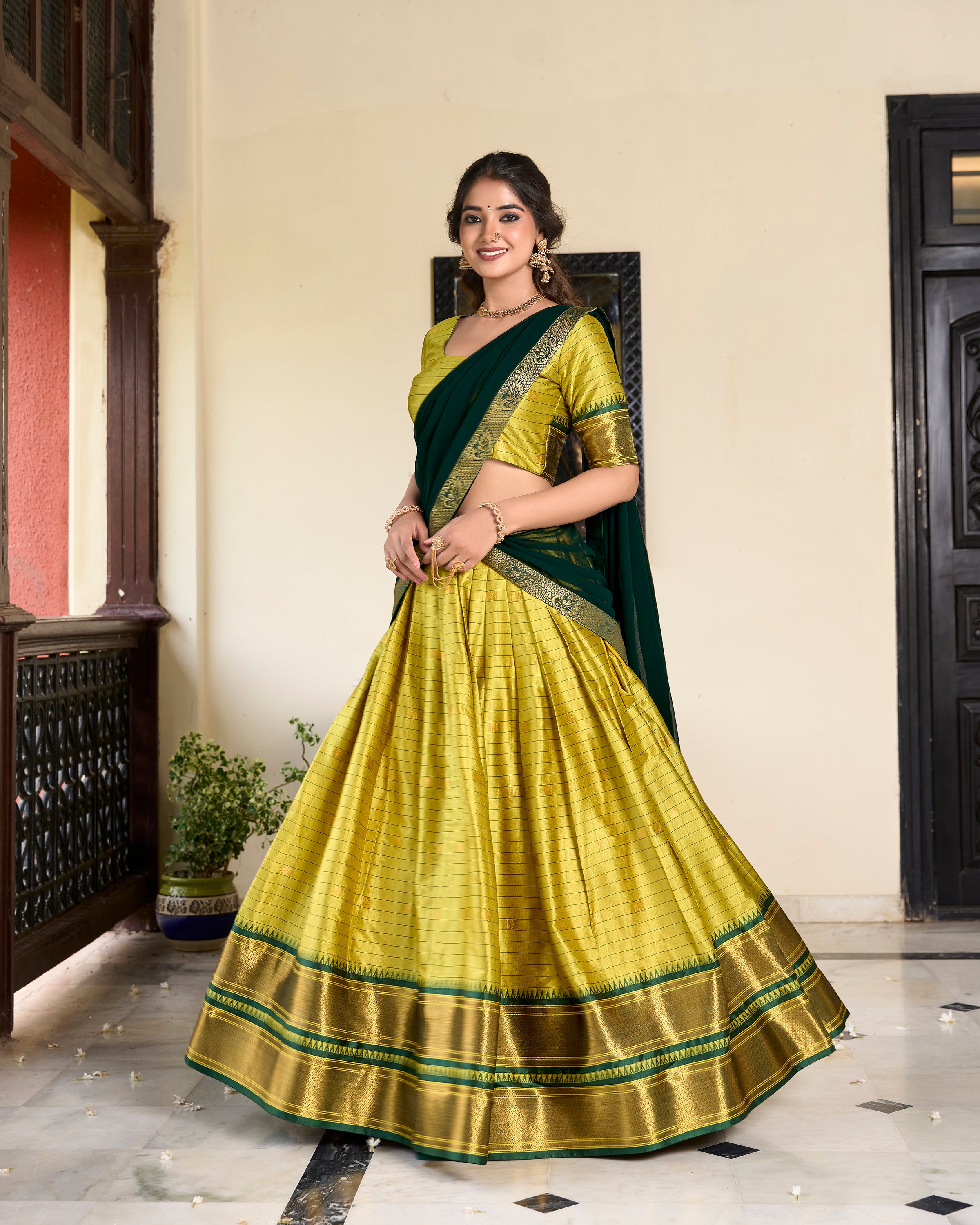 Women's Parrot Color Cotton Silk Lehenga Choli