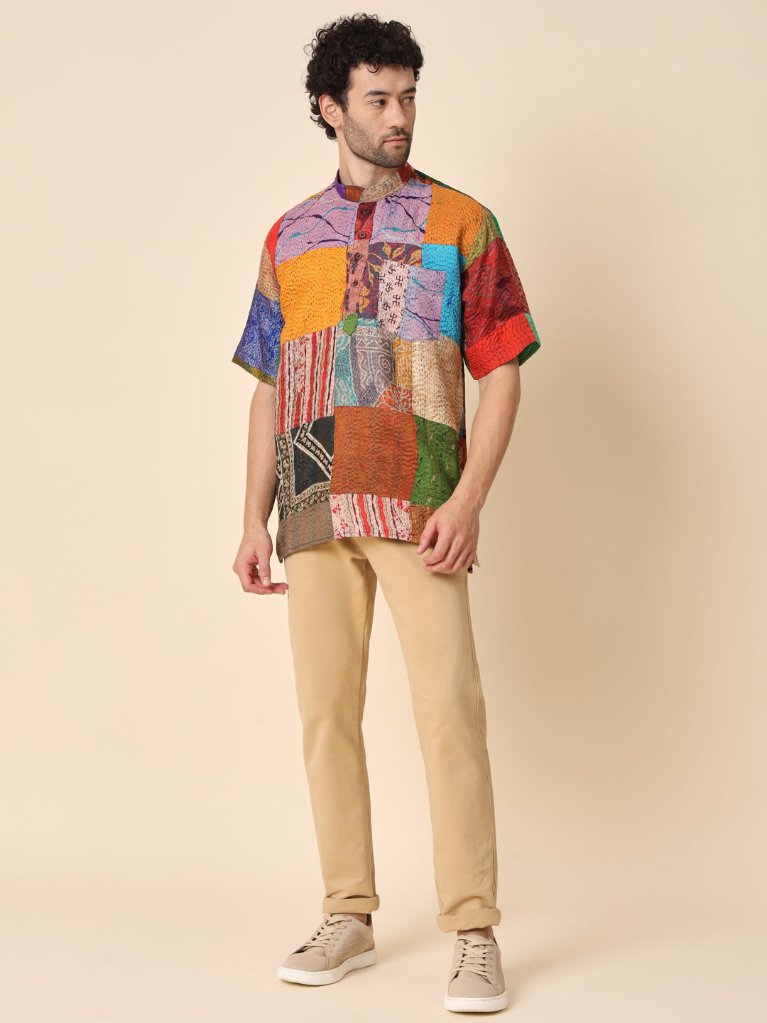 Men's Multicoloured Kantha Patch Short Kurta with Pockets - TREND-MATTERS