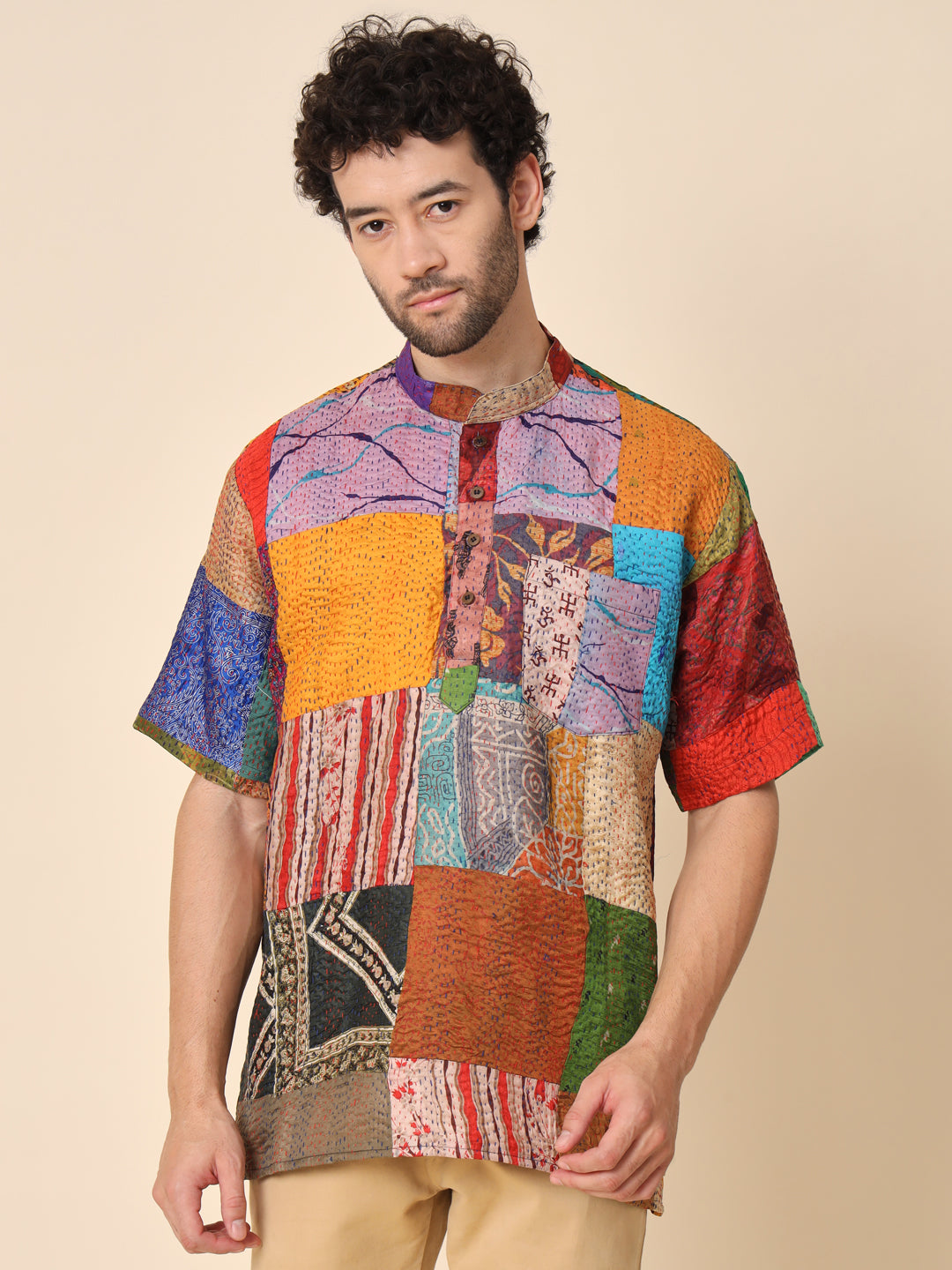 Men's Multicoloured Kantha Patch Short Kurta with Pockets - TREND-MATTERS