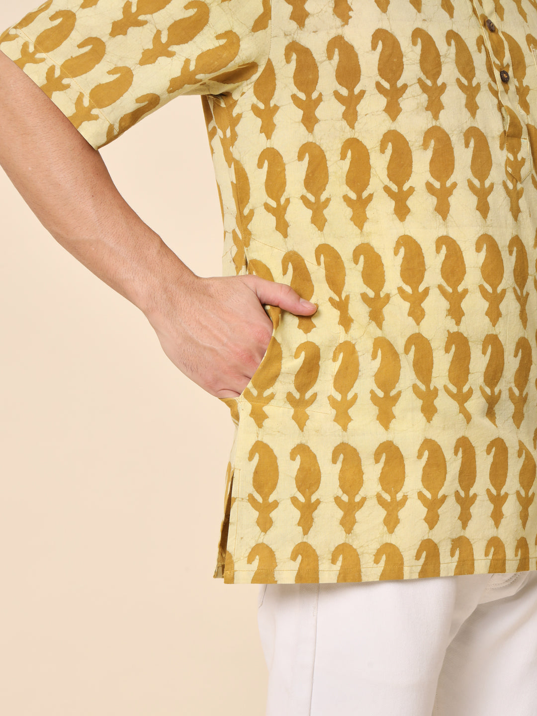 Men's Yellow Contrast Cotton Hand Block Printed Kurta - TREND-MATTERS