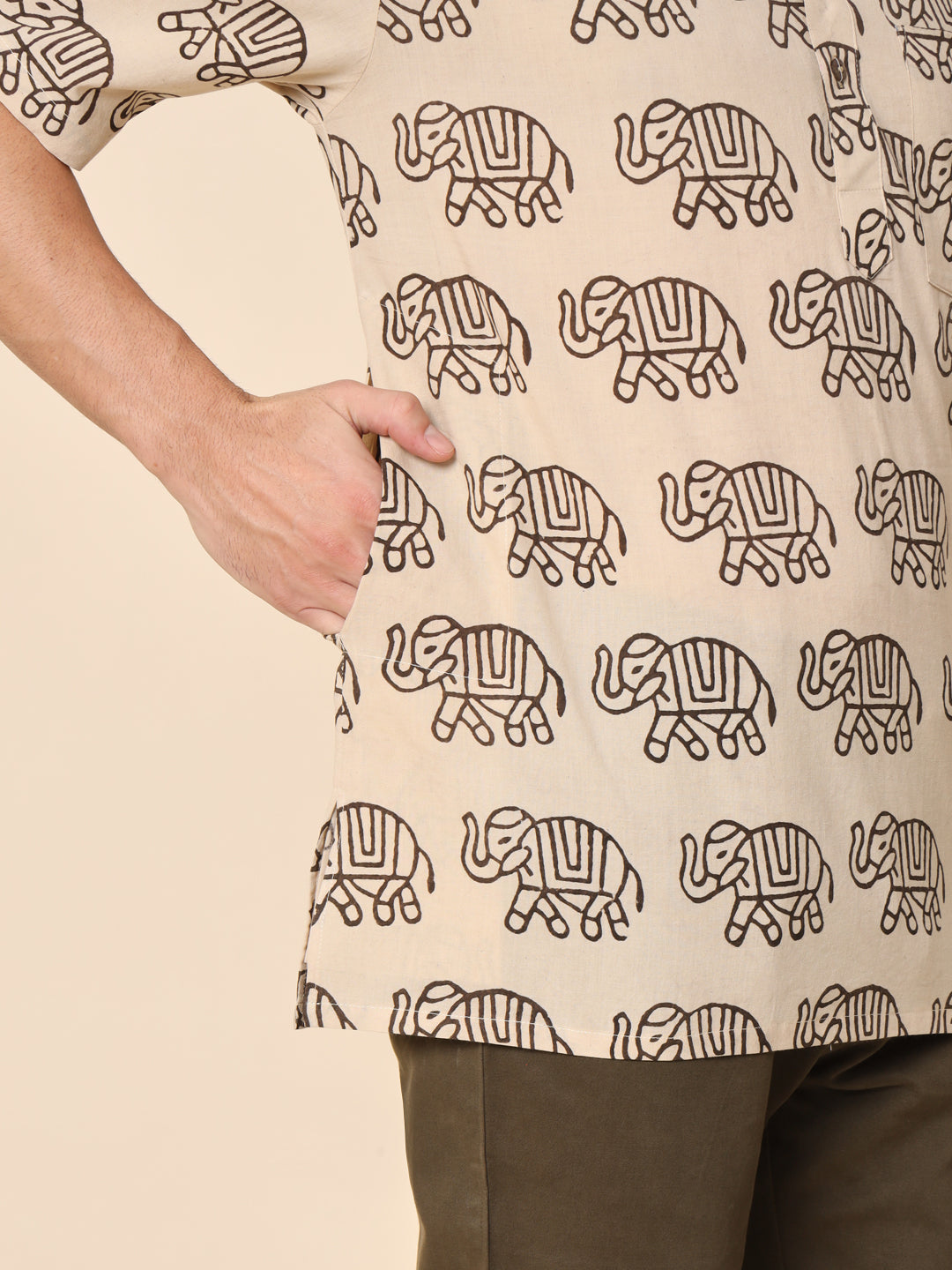 Men's Beige Elephant Hand Block Printed Short Kurta - TREND-MATTERS