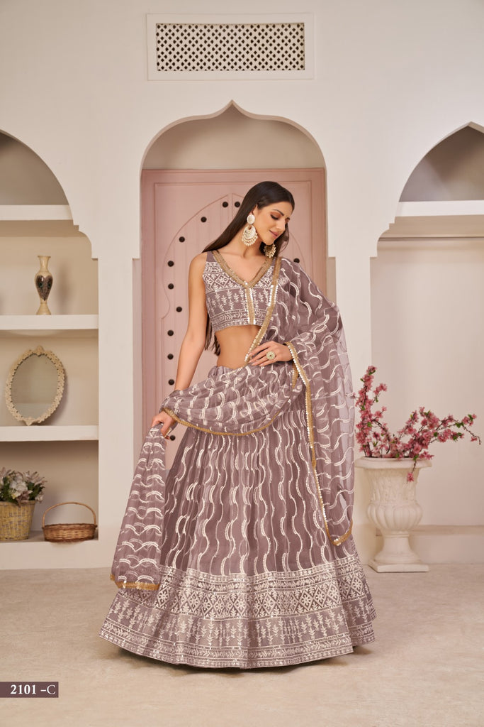 Women's Pink Net Thread Embroidery Lehenga Set