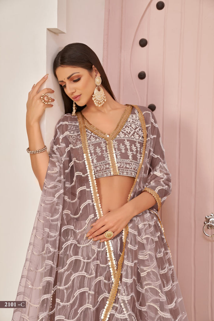 Women's Pink Net Thread Embroidery Lehenga Set