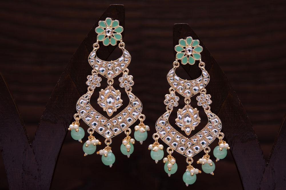 Women's  Gold Plated Mint Handcrafted Earring Glided With Kundan & Pearls