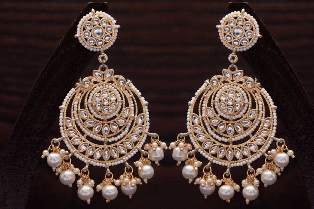 Women's  Gold Plated White Beaded Chandbali Earrings Glided With Kundans & Pearls