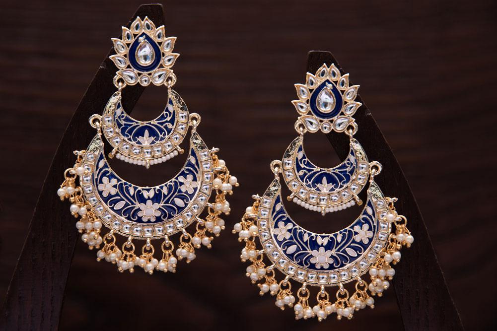 Women's Blue Gold Plated Meenakari Earrings Glided With Kundans & Pearls