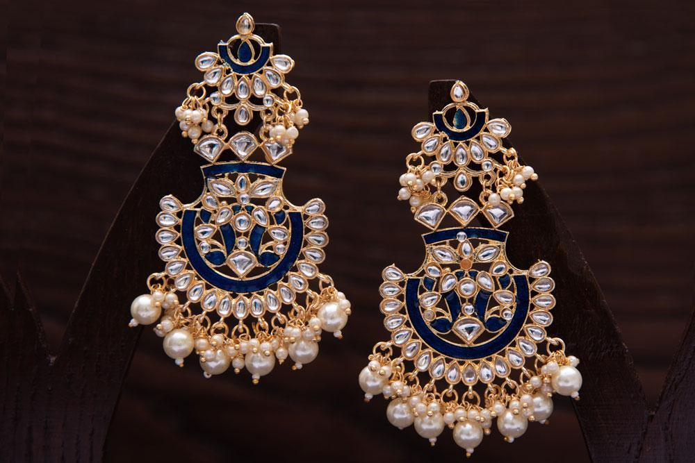 Women's  Gold Plated Meenakari Blue Earrings Glided With Kundans & Pearls