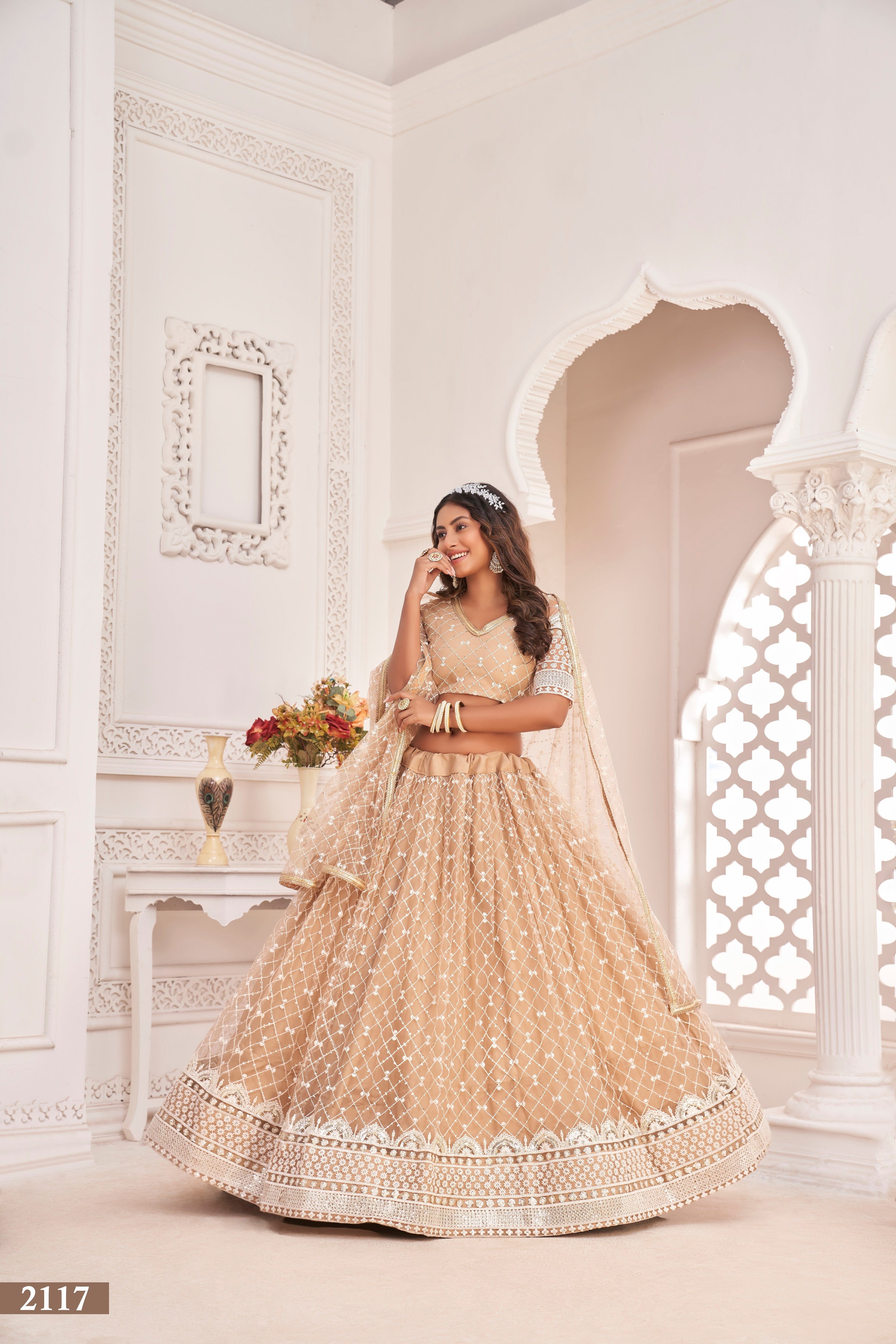 Women's Dusty Chiku Net Thread Embroidery Lehenga Set - Eilara