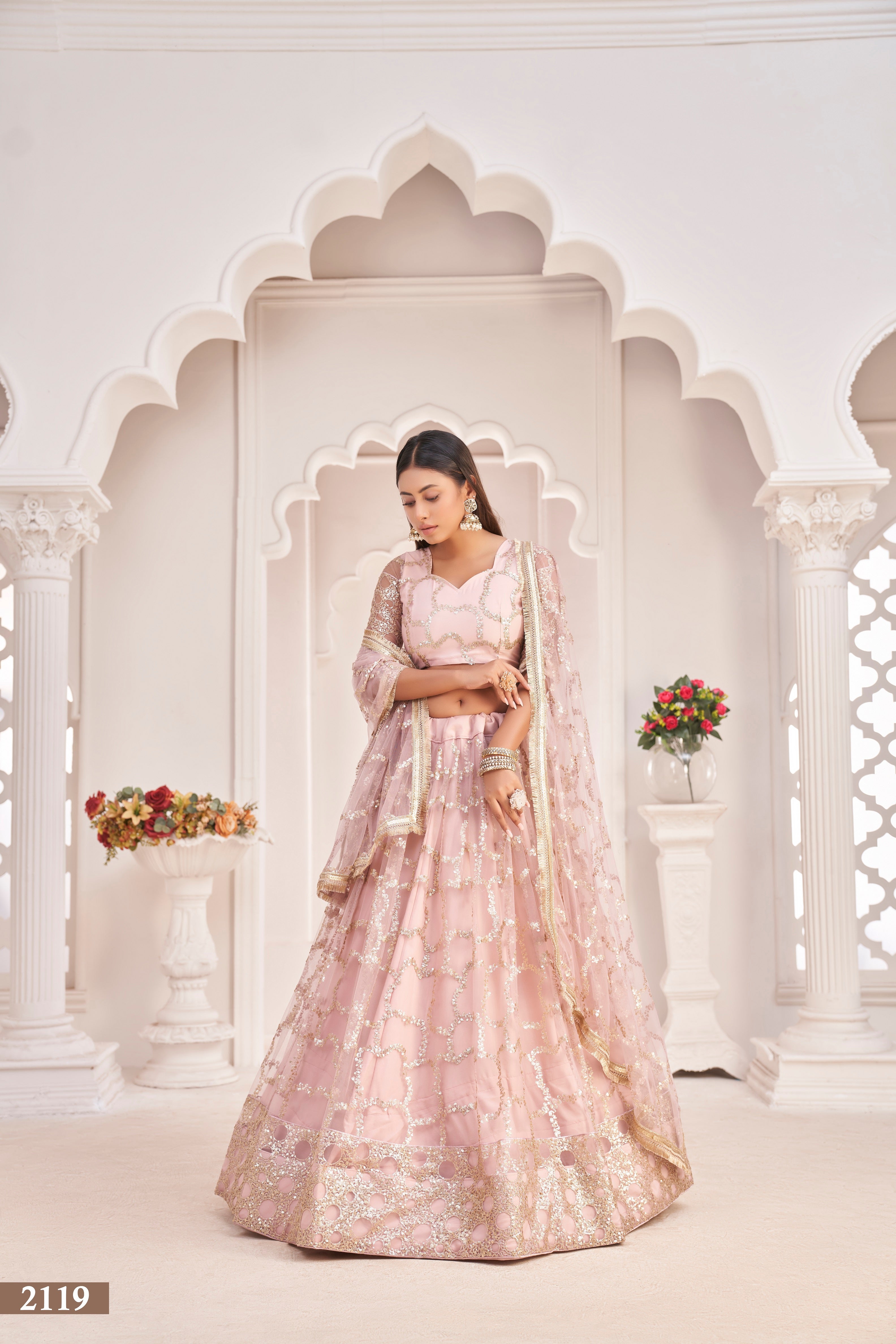 Women's Baby Pink Net Thread Embroidery Lehenga Set - Eilara