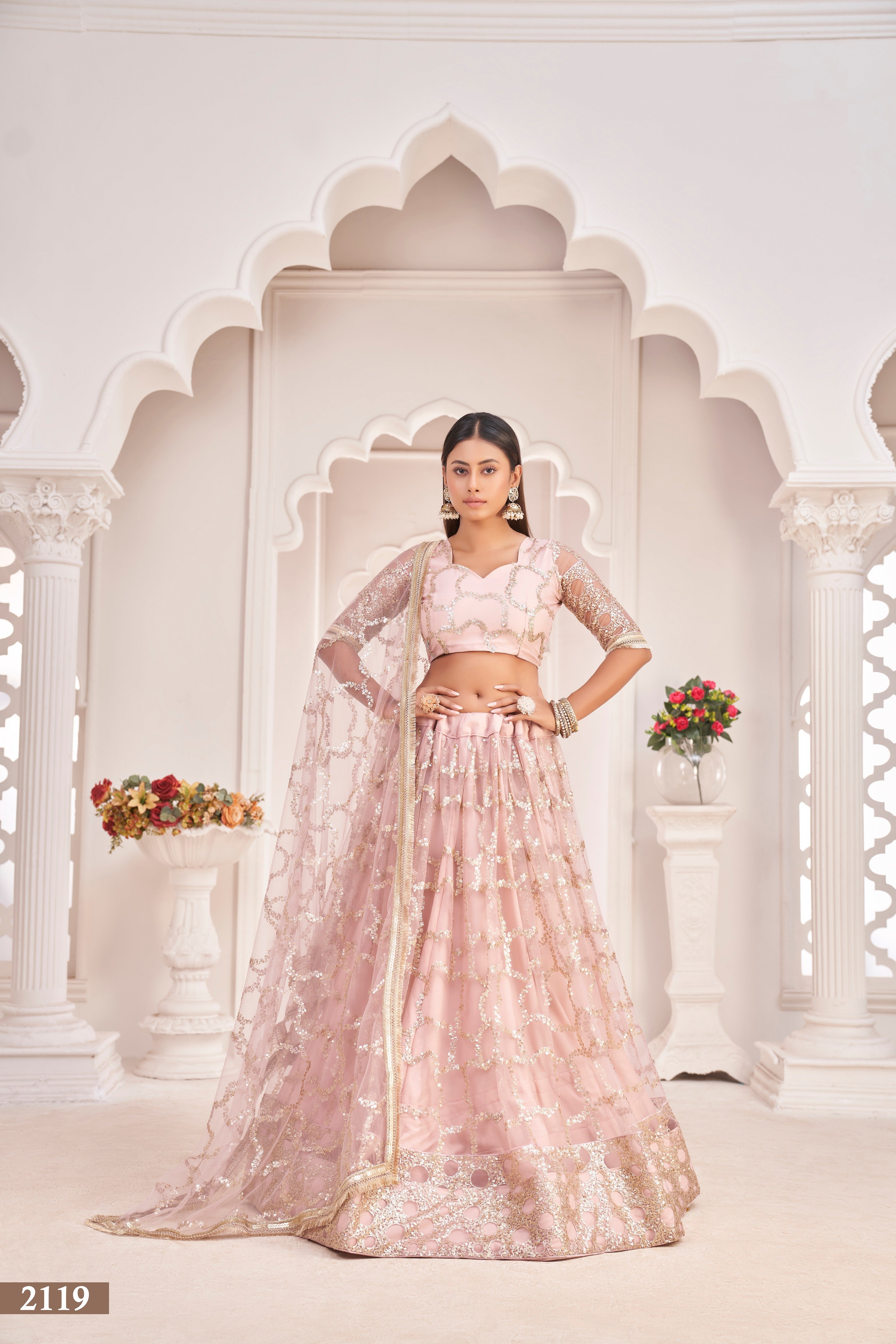 Women's Baby Pink Net Thread Embroidery Lehenga Set - Eilara