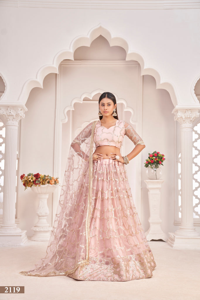 Women's Baby Pink Net Thread Embroidery Lehenga Set