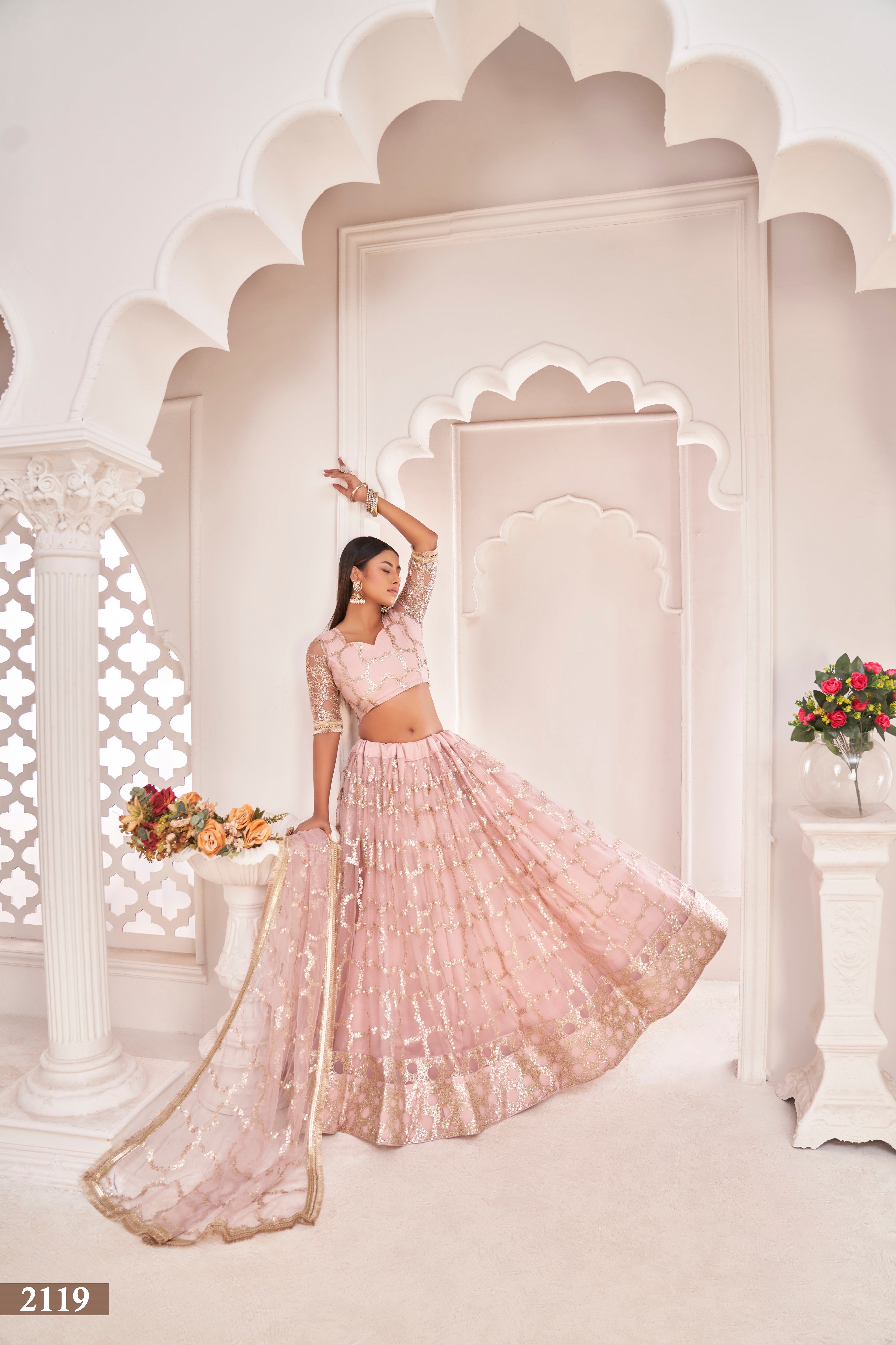 Women's Baby Pink Net Thread Embroidery Lehenga Set - Eilara