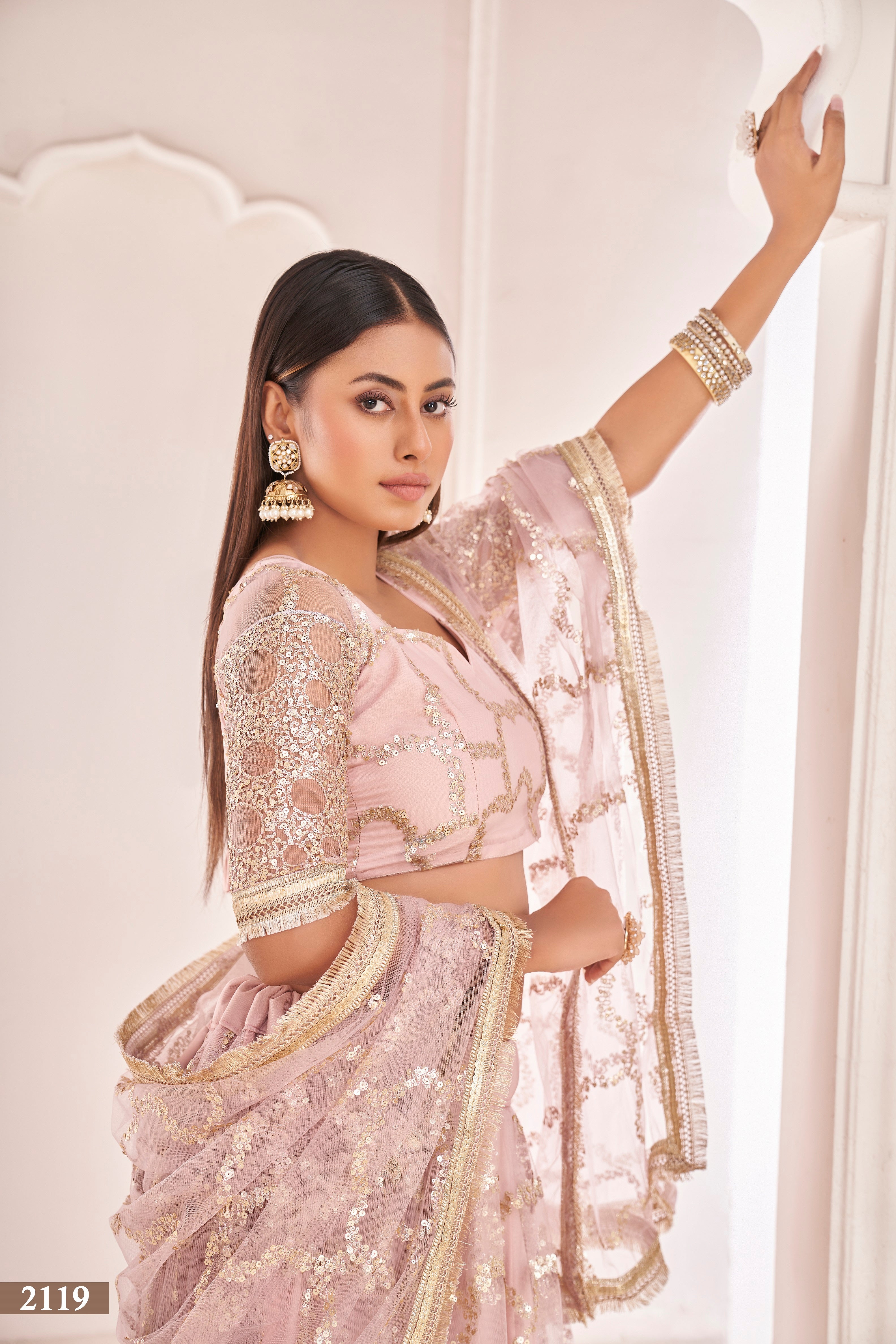 Women's Baby Pink Net Thread Embroidery Lehenga Set - Eilara