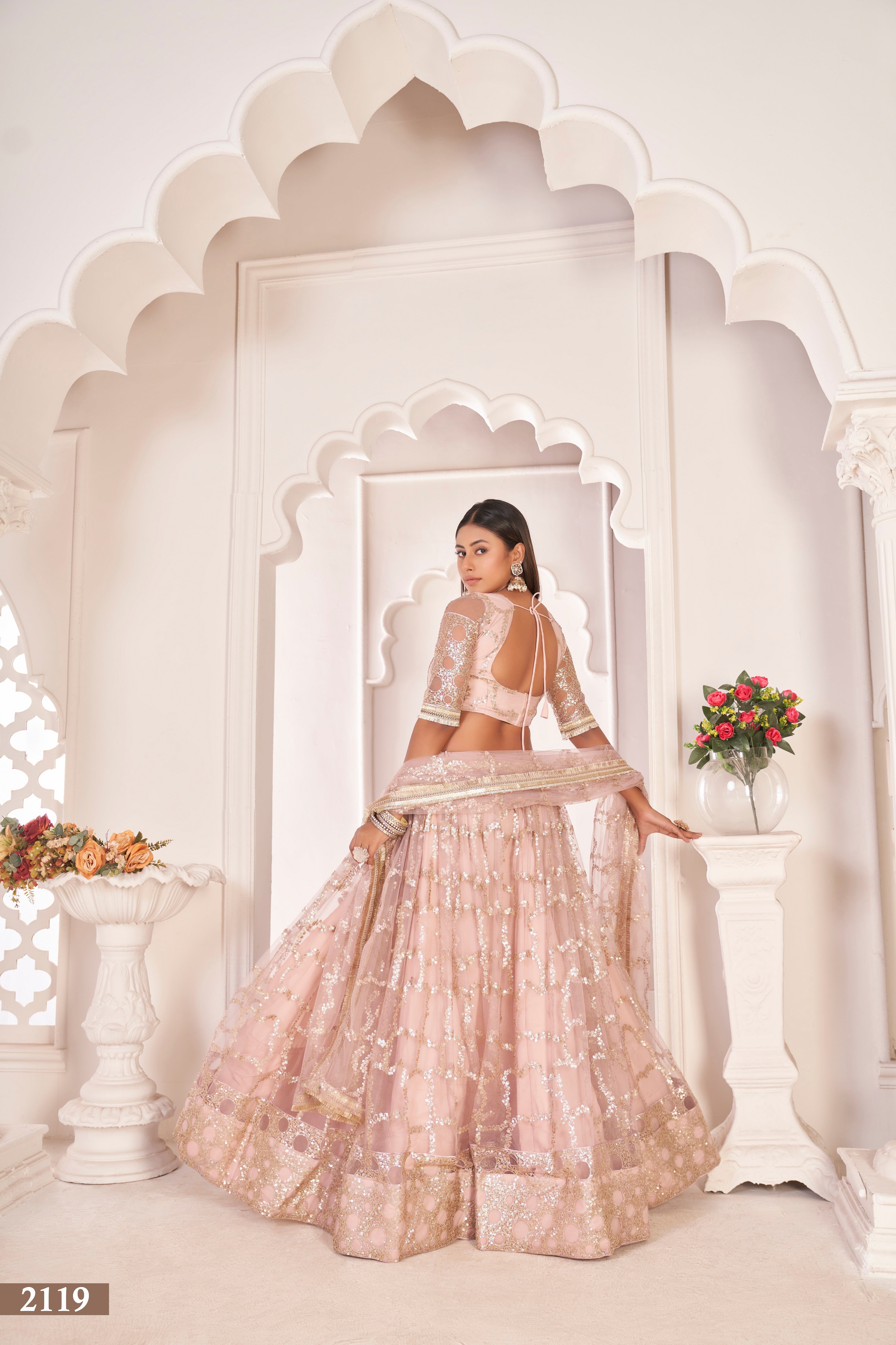 Women's Baby Pink Net Thread Embroidery Lehenga Set - Eilara