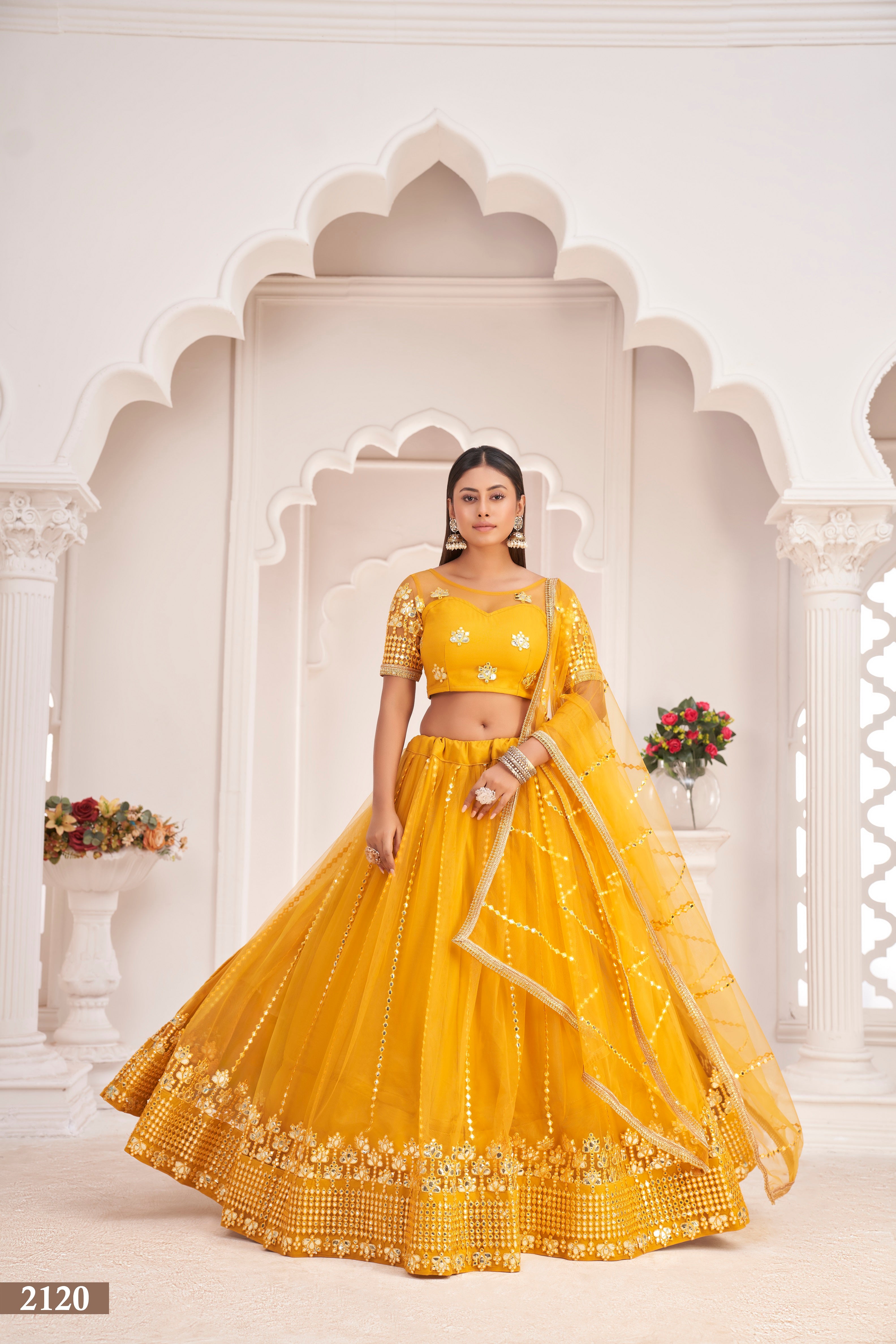 Women's Mustard Yellow Net Thread Embroidery Lehenga Set - Eilara