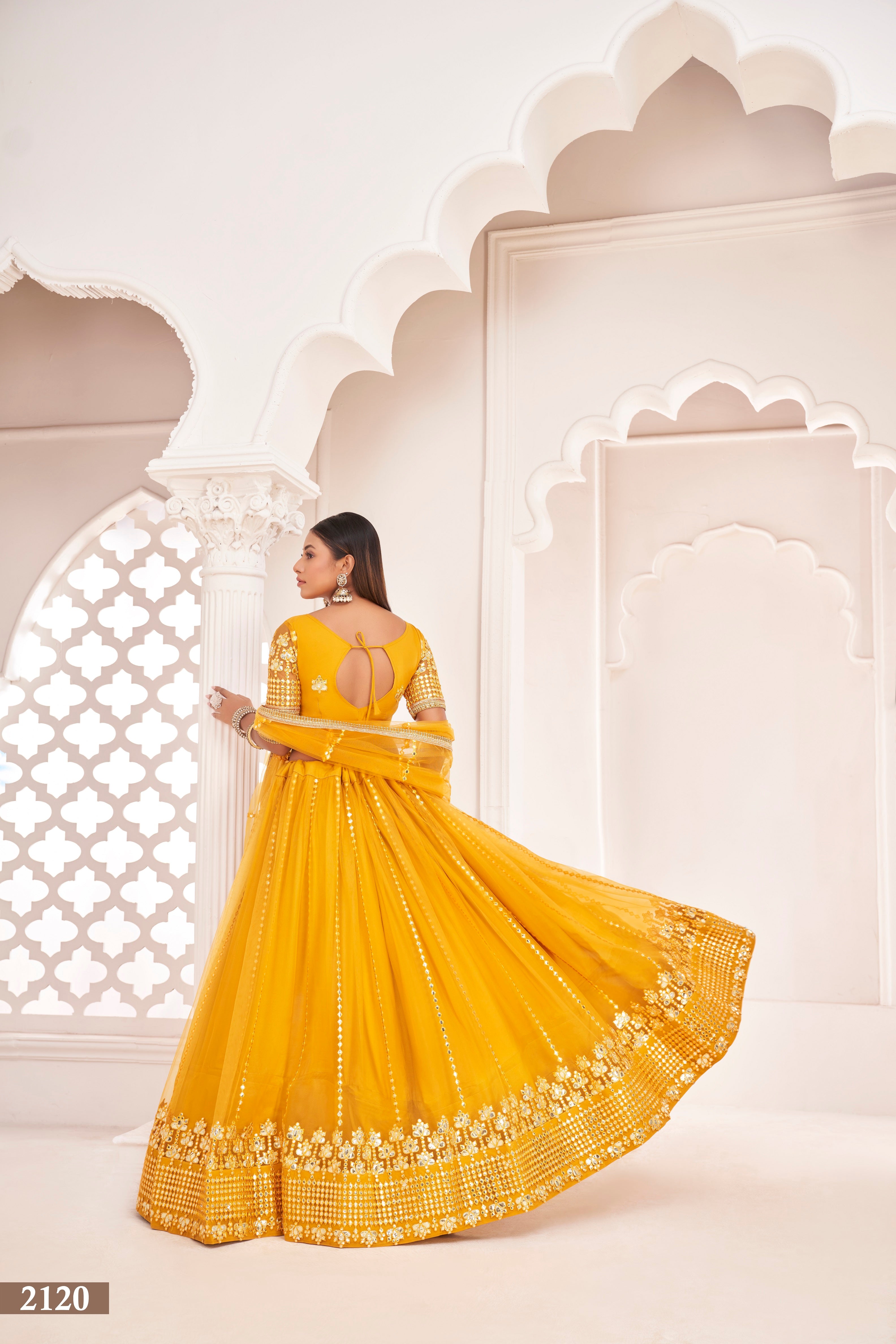 Women's Mustard Yellow Net Thread Embroidery Lehenga Set - Eilara