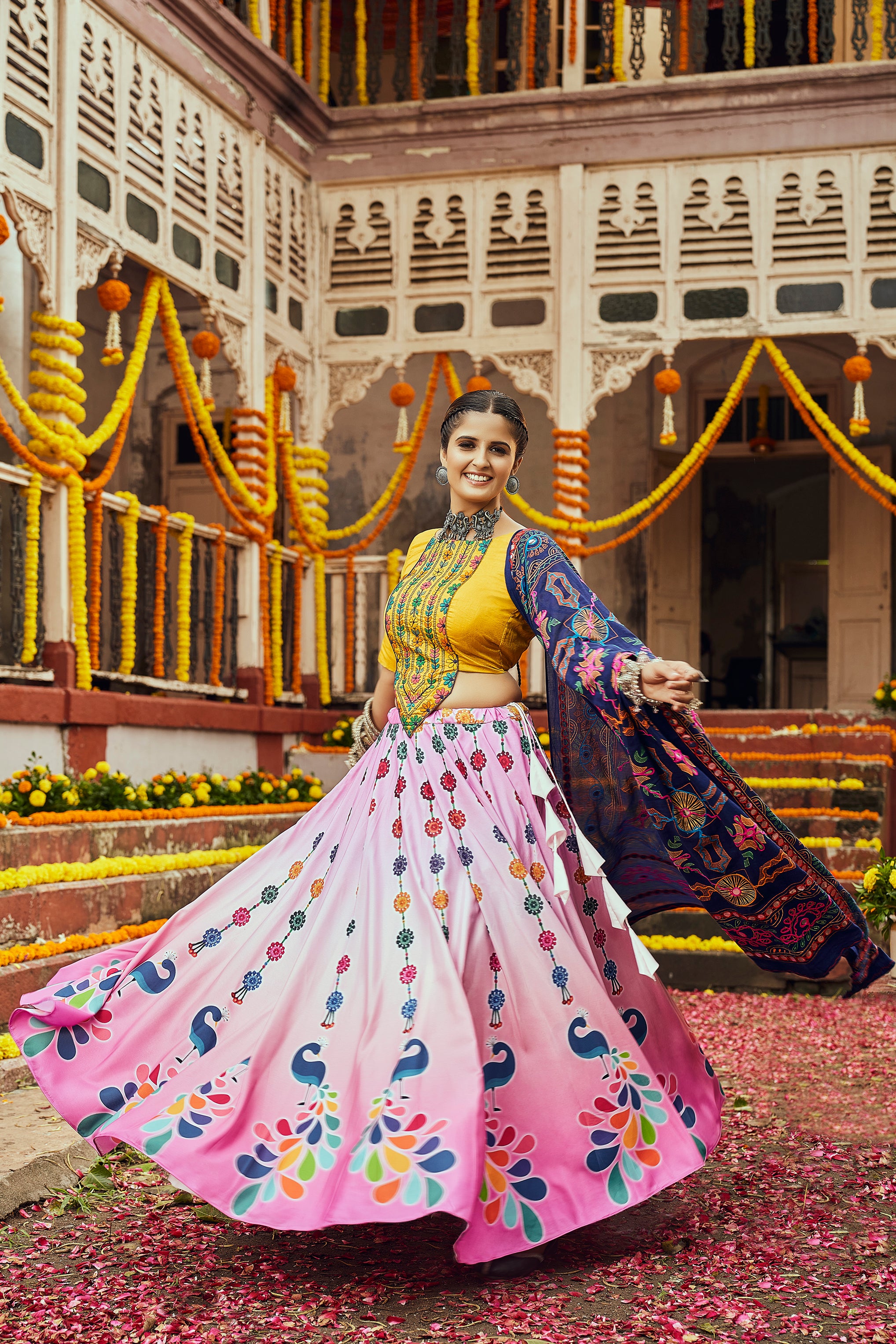 Women's Pink Maslin Cotton Digital Printed Lehenga Set - Shubhkala