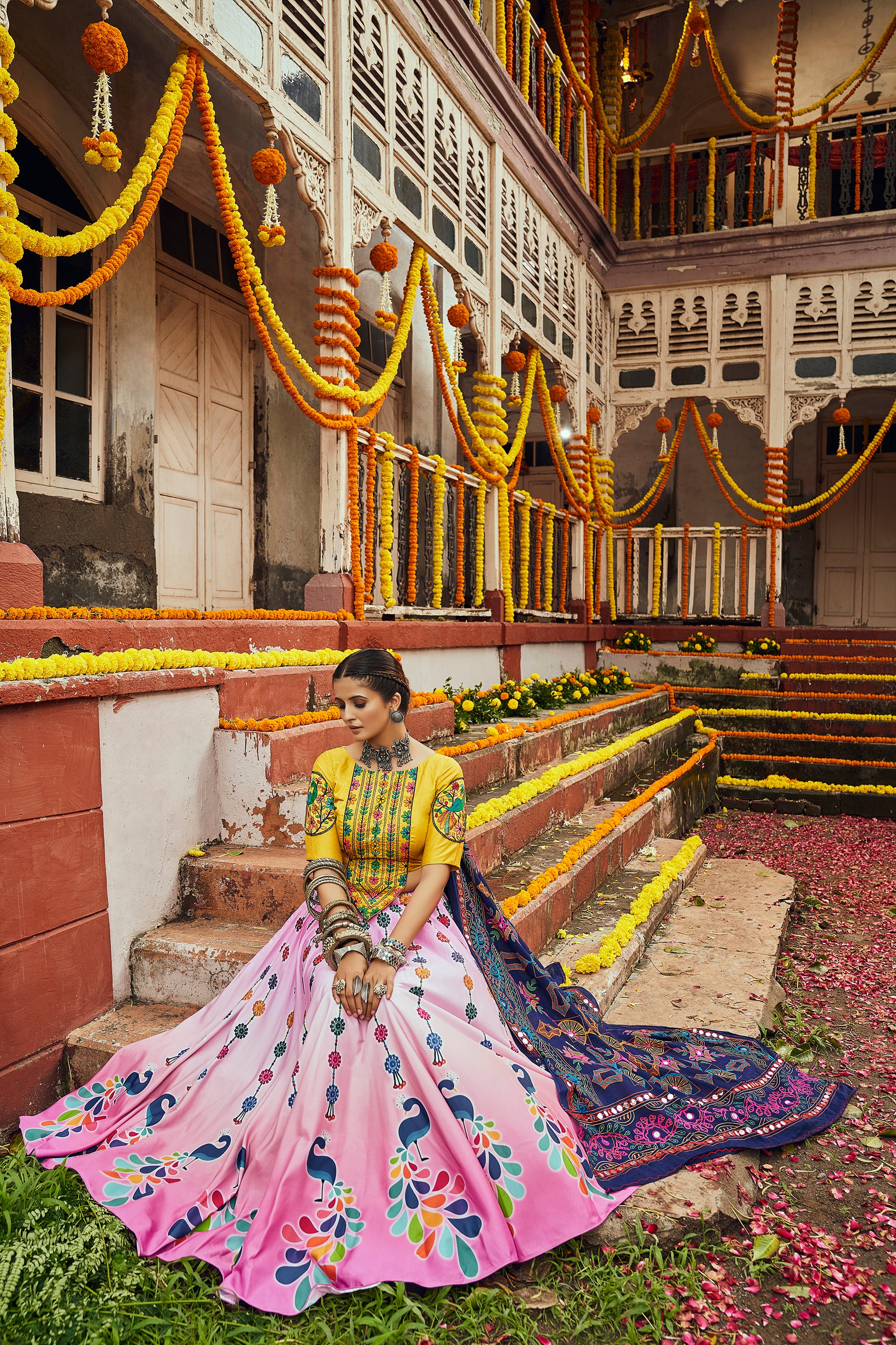 Women's Pink Maslin Cotton Digital Printed Lehenga Set - Shubhkala