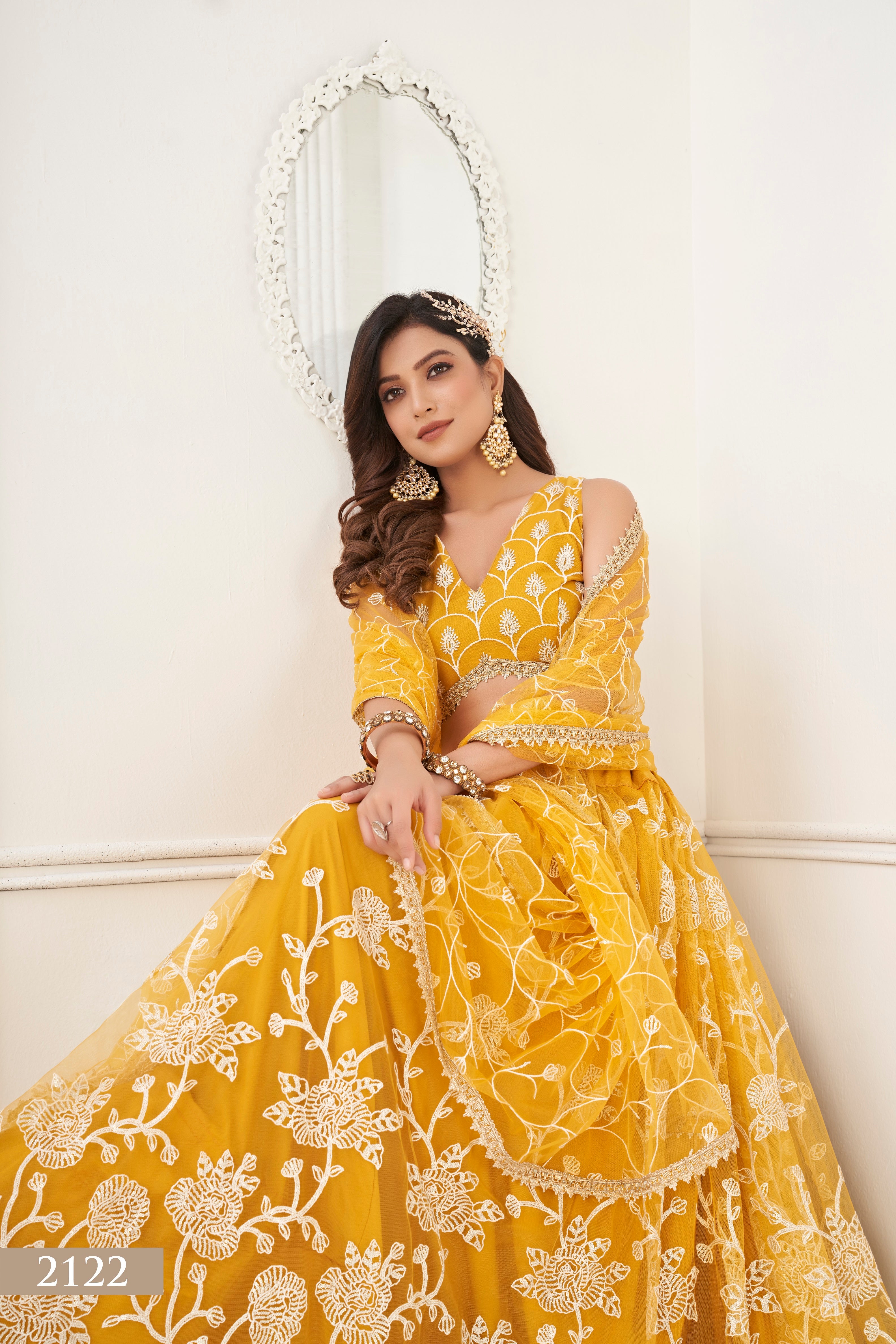 Women's Mustard Net Thread Embroidery Lehenga Set Trendia Women's Mustard Net Thread Embroidery Lehenga Set Trendia
